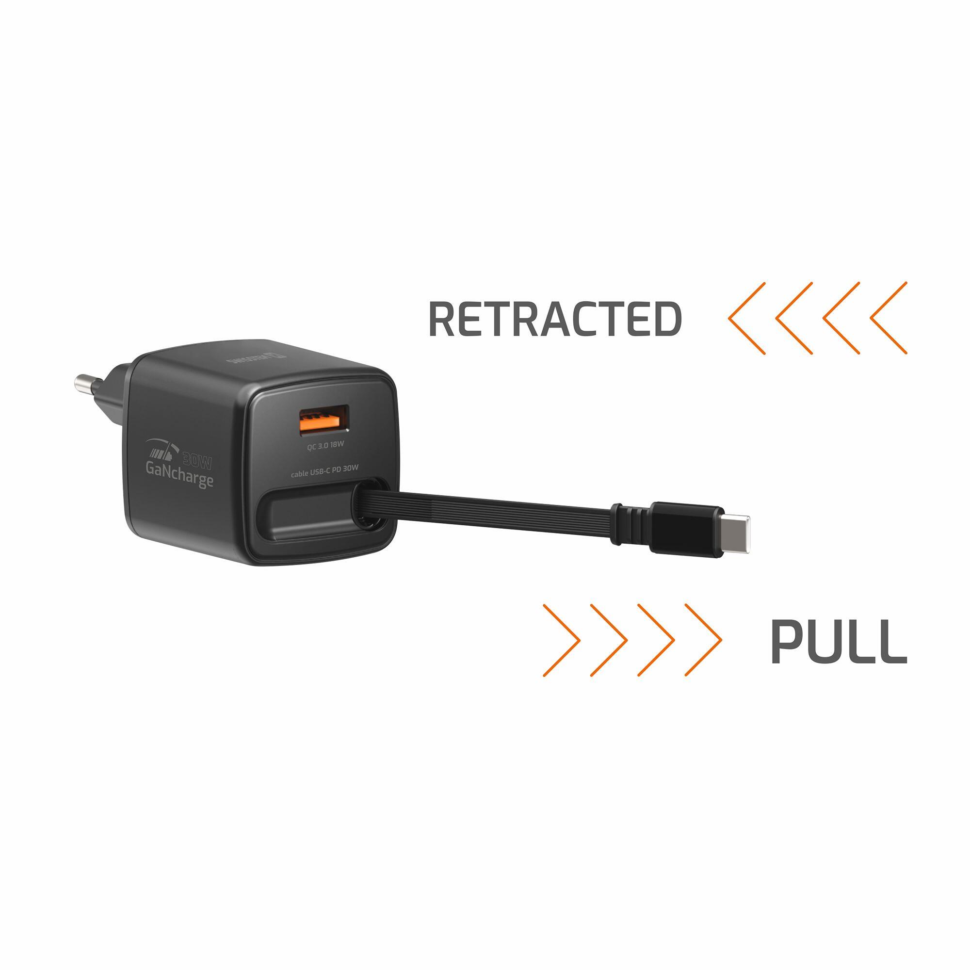 SWISSTEN SlideCharge GaN 30W, USB-C 30W, USB-A 18W, cabo retrátil 4/7