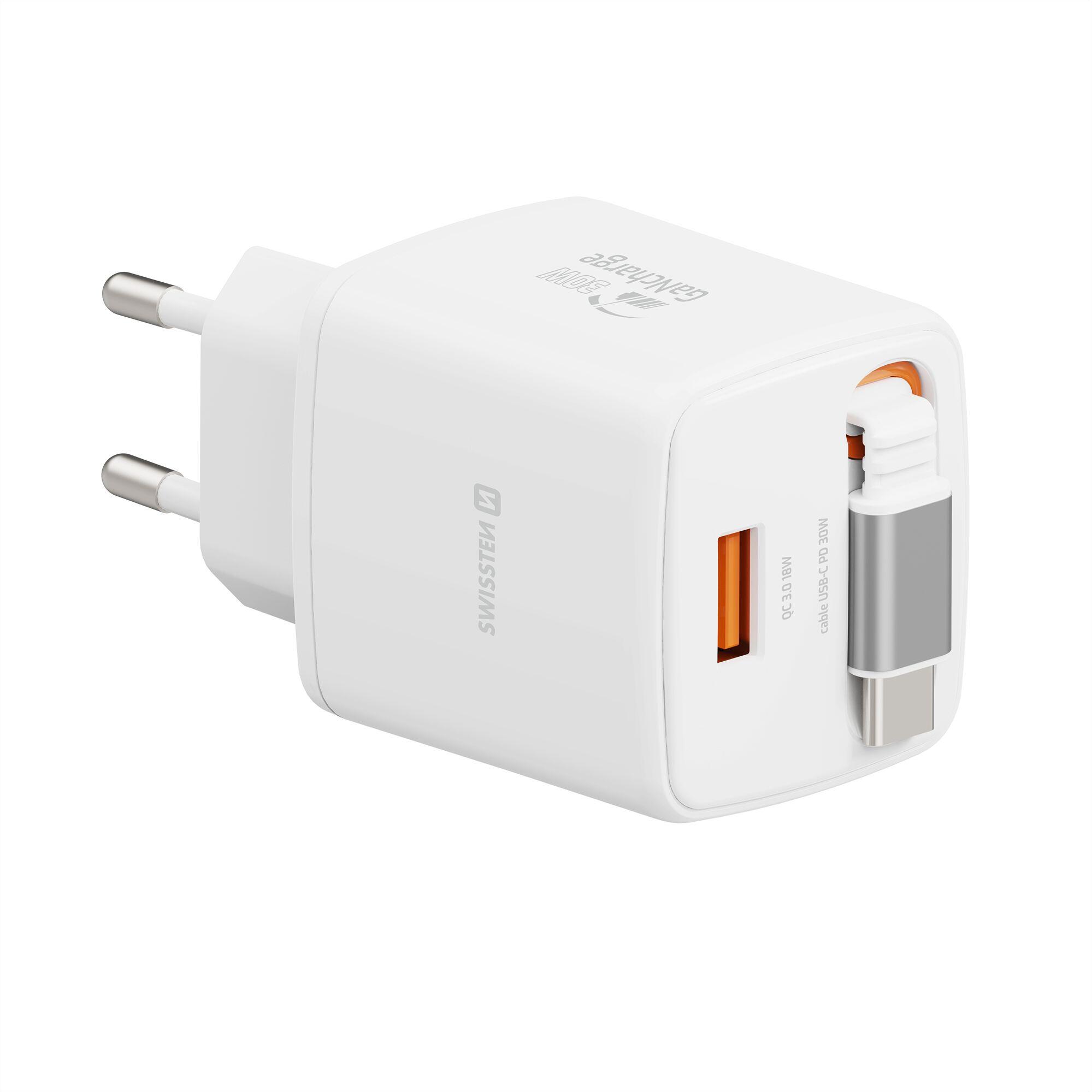 SWISSTEN SlideCharge GaN 30W - USB-C 30W, USB-A 18W, cabo retrátil 75cm 2/6