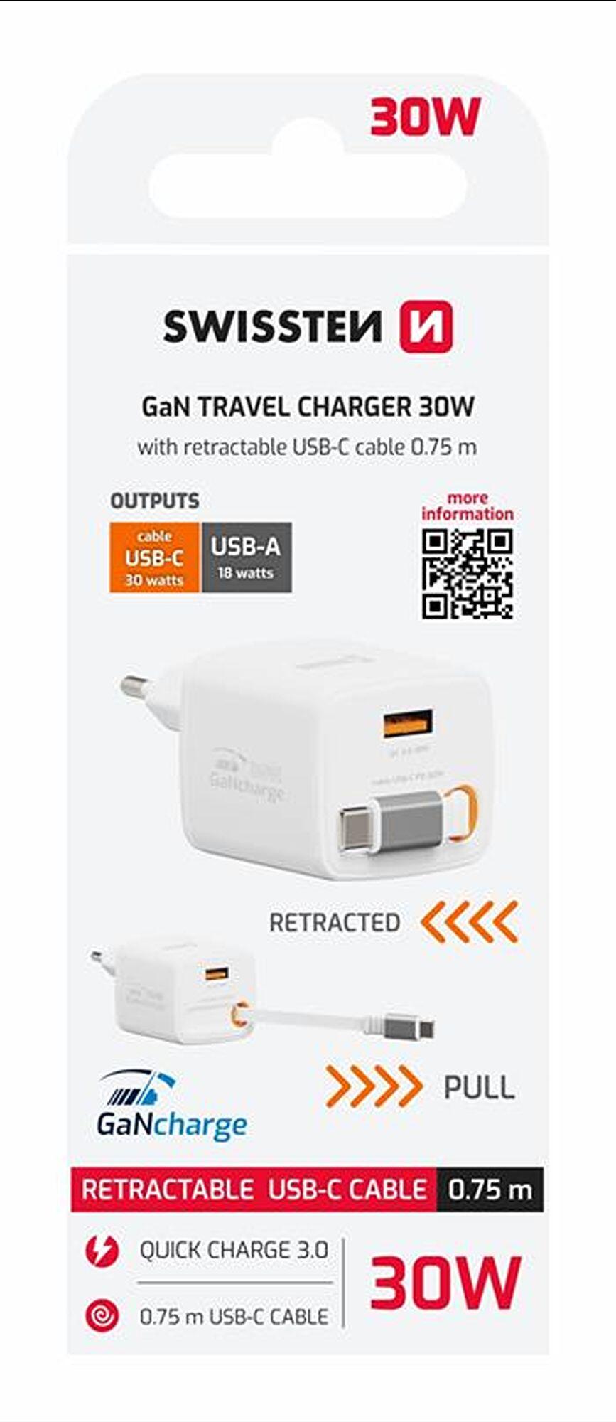 SWISSTEN SlideCharge GaN 30W - USB-C 30W, USB-A 18W, cabo retrátil 75cm 6/6