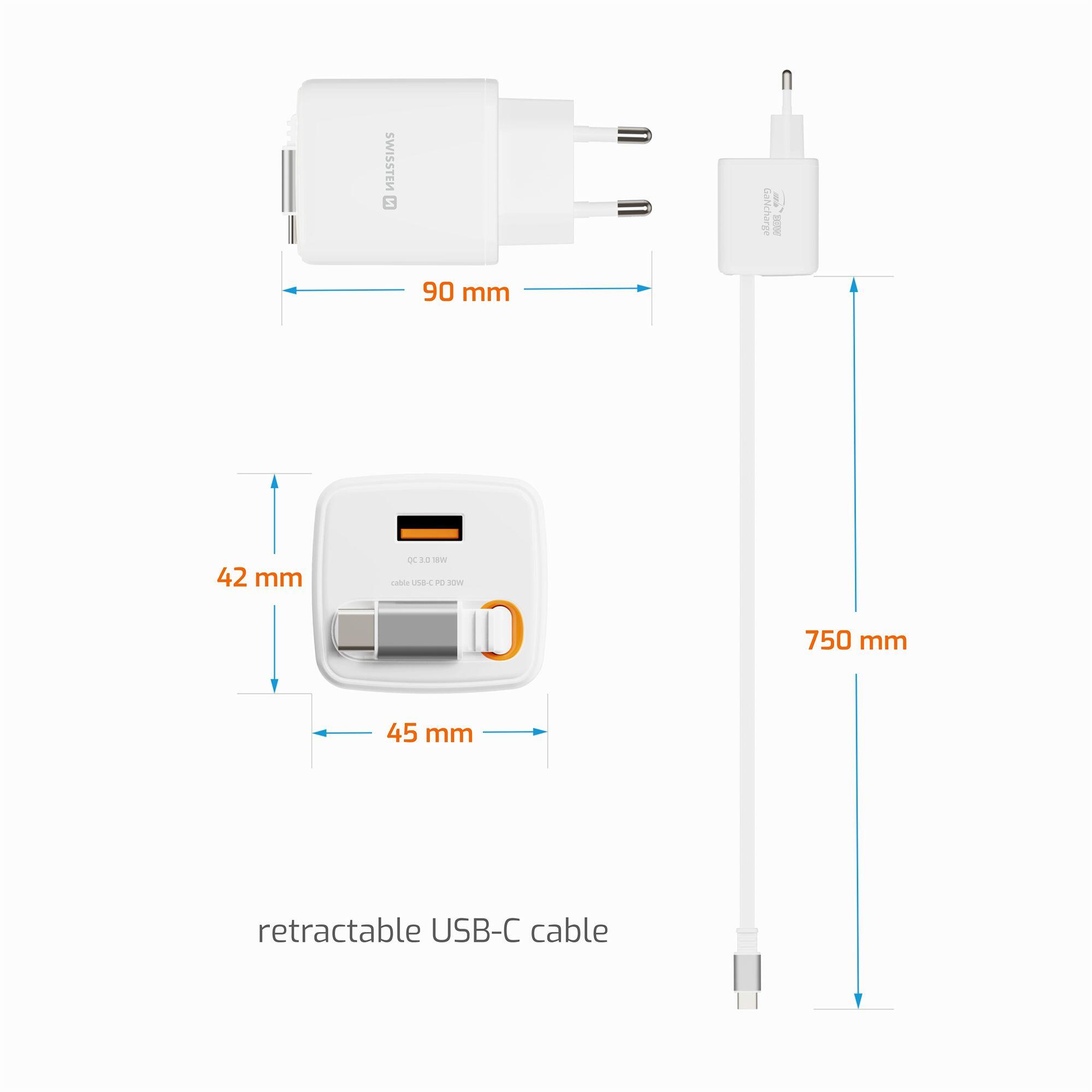 SWISSTEN SlideCharge GaN 30W - USB-C 30W, USB-A 18W, cabo retrátil 75cm 5/6