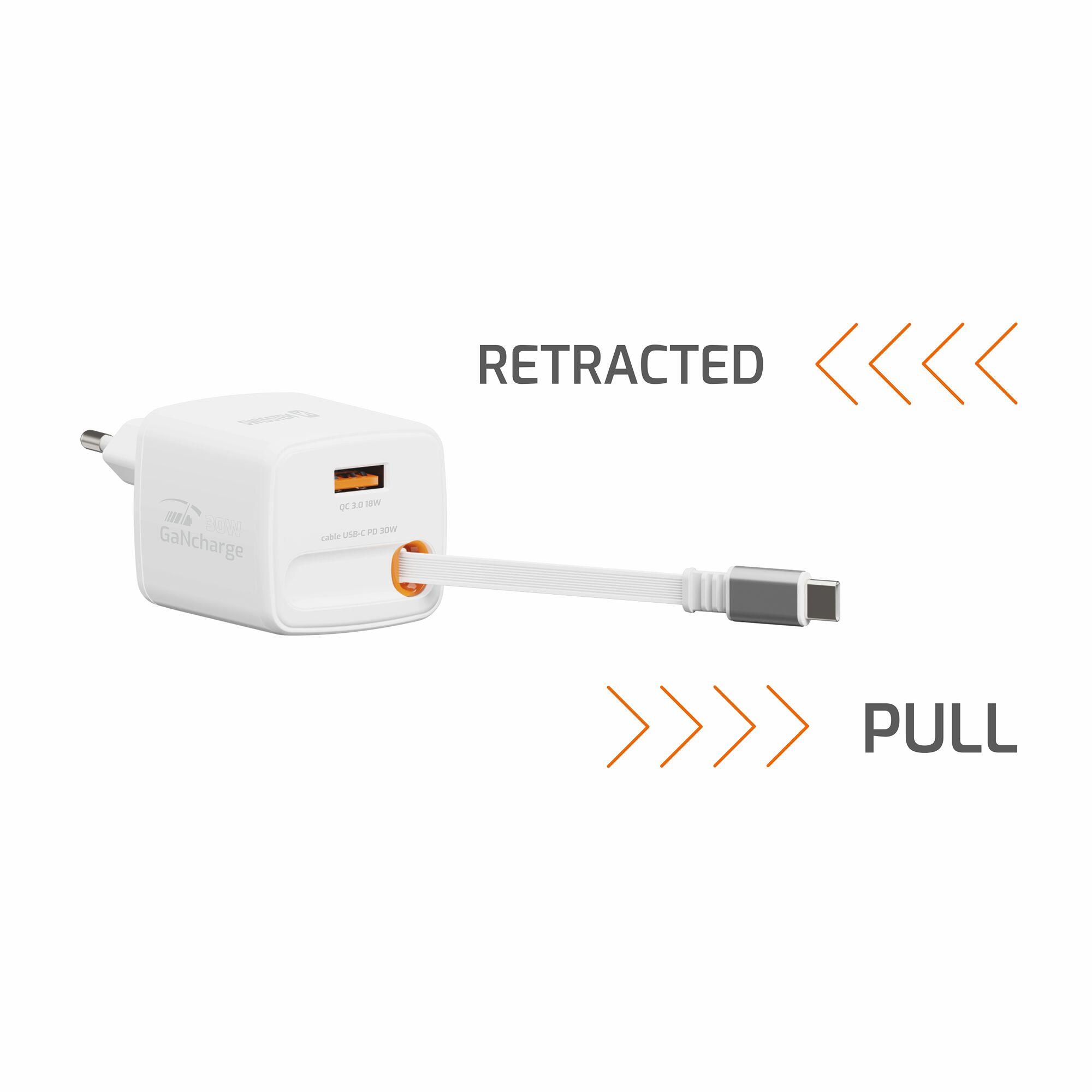 SWISSTEN SlideCharge GaN 30W - USB-C 30W, USB-A 18W, cabo retrátil 75cm 4/6