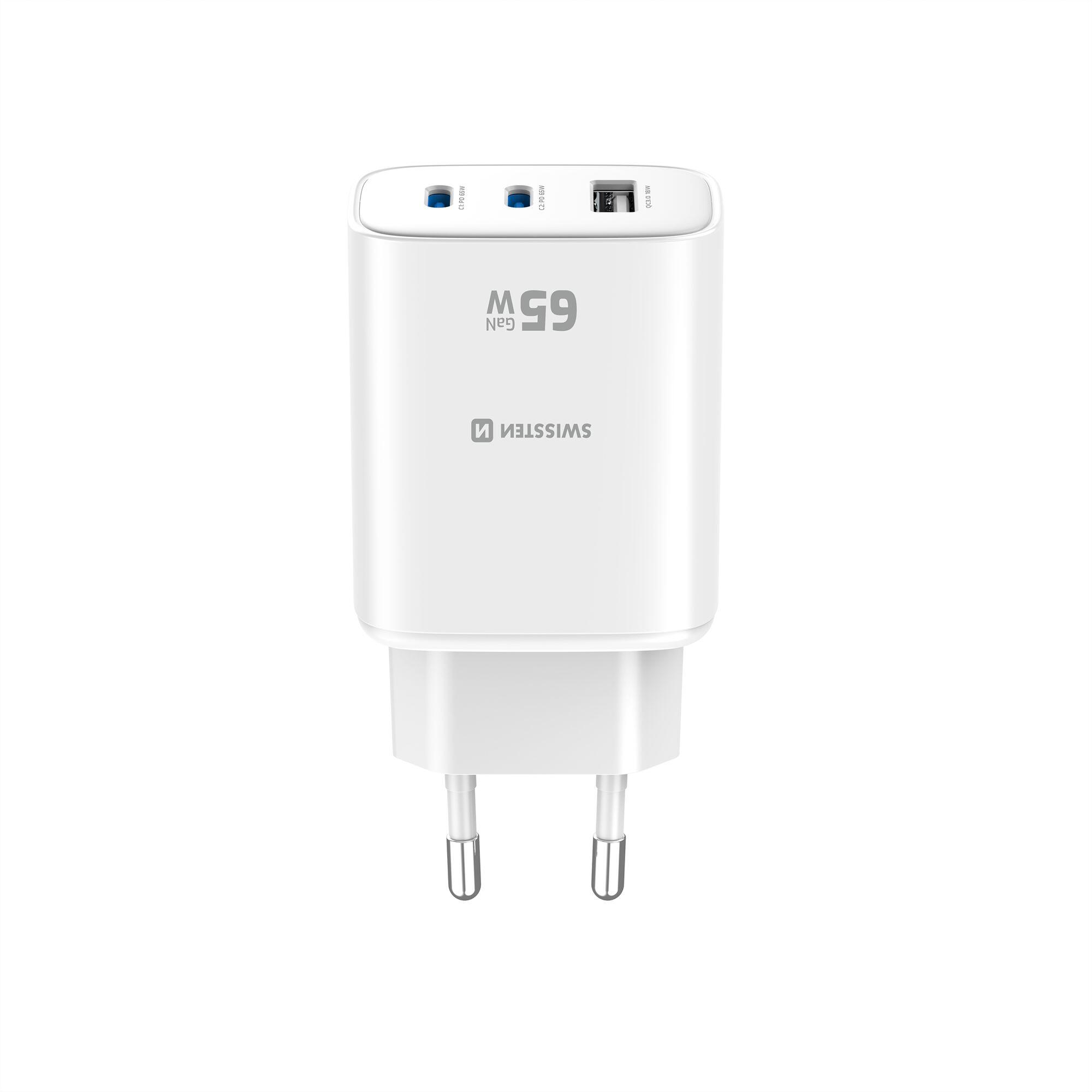 Carregador de parede SWISSTEN GaN Edge Charger 65W - 2x USB-C, 1x USB-A, branco 3/5