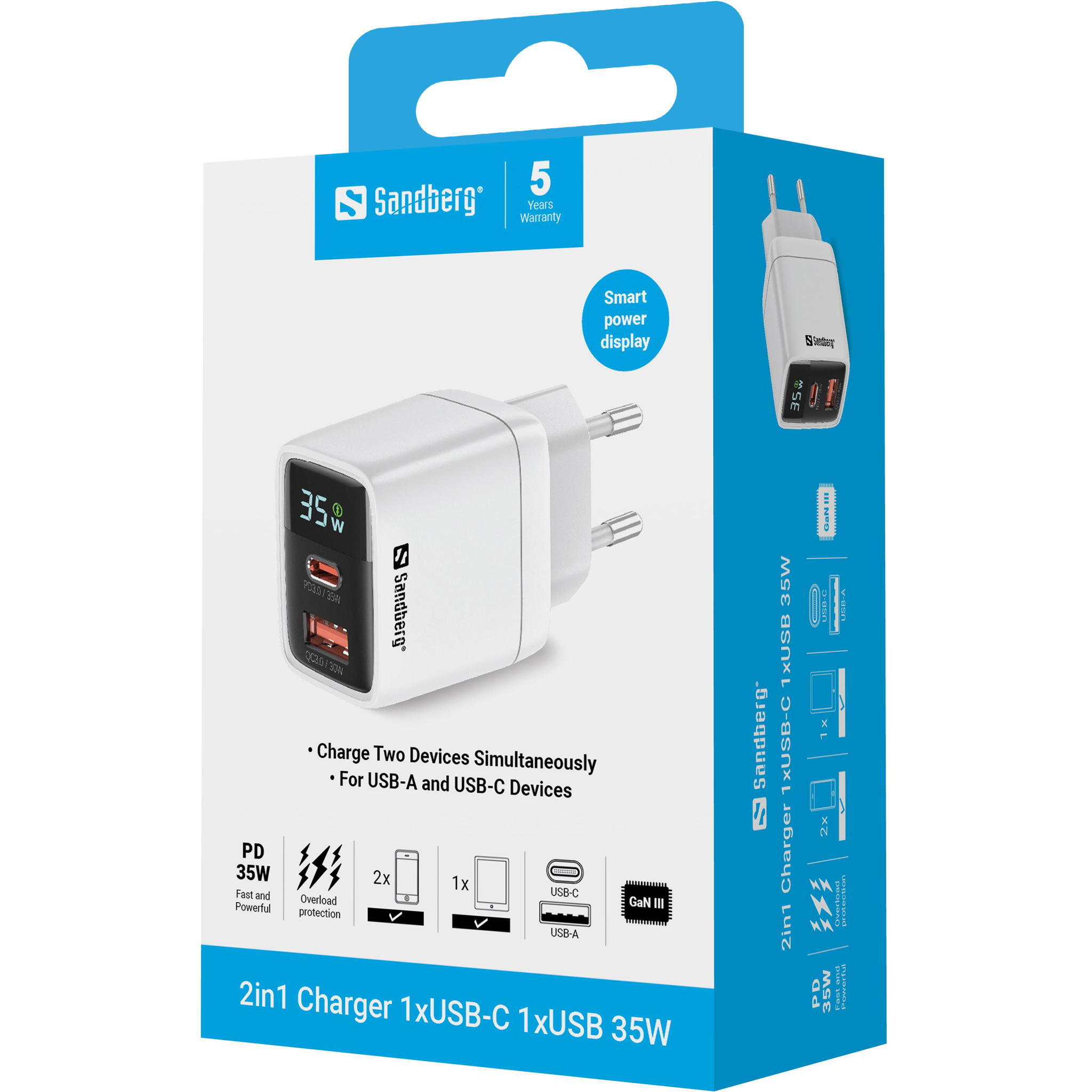 Carregador parede SANDBERG 2in1 1x USB-C PD 35W 1x USB-A 30W 3/3
