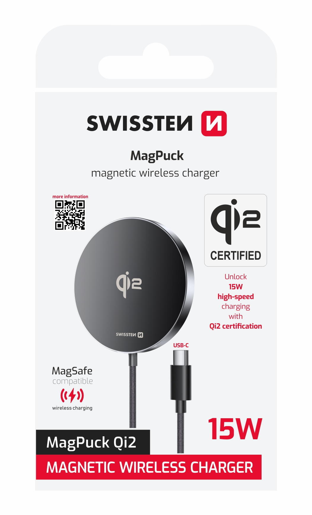 SWISSTEN MagPuck Carregador Qi2 MagSafe 15W com USB-C e cabo 1,5m 4/7