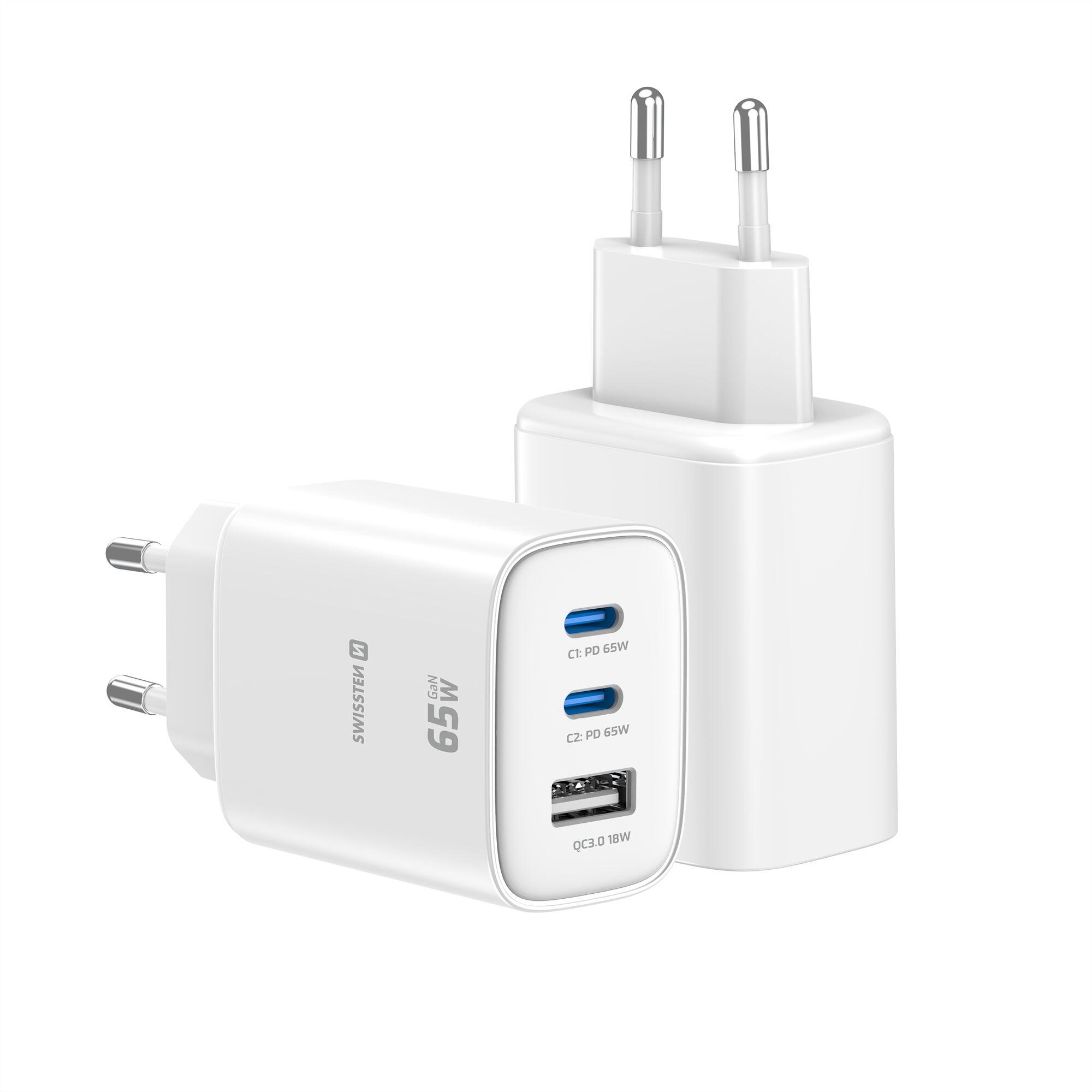 Carregador de parede SWISSTEN GaN Edge Charger 65W - 2x USB-C, 1x USB-A, branco 2/5