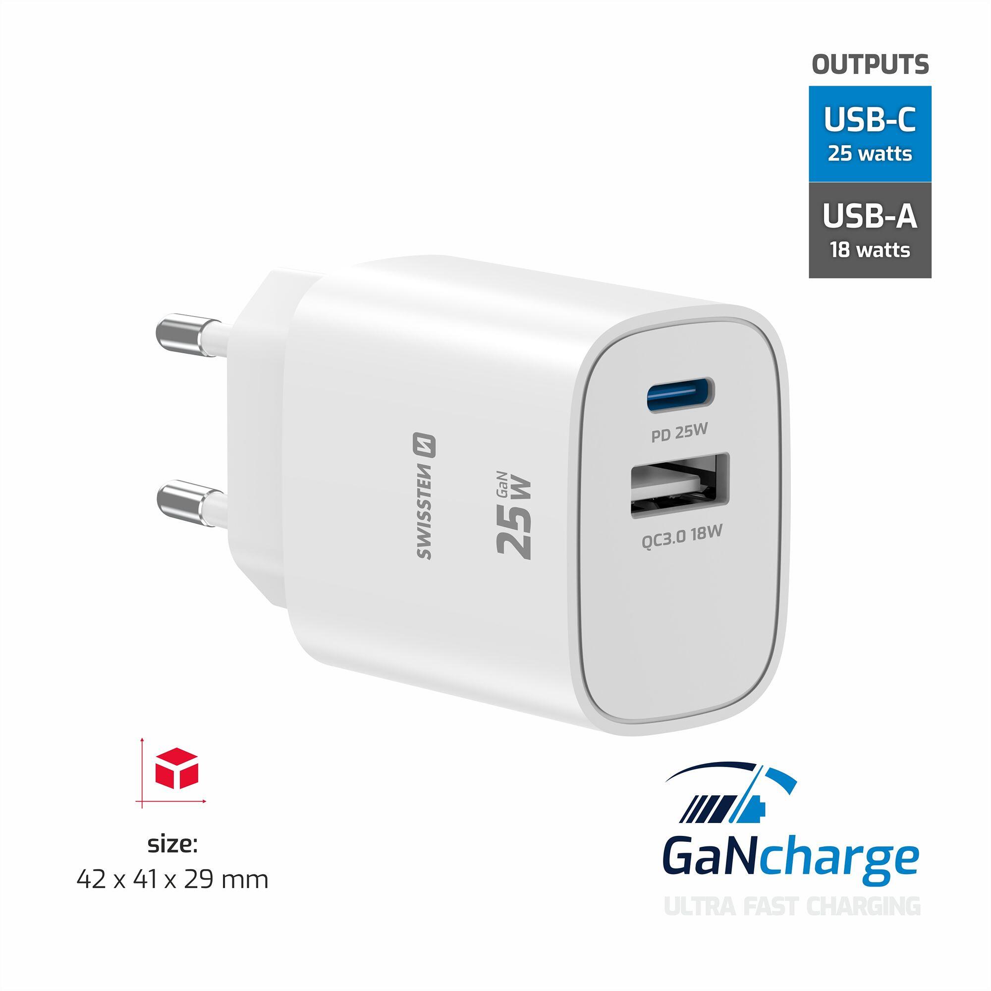 SWISSTEN GaN Edge Charger 55W - 1x USB-C PD 25W, 1x USB-A QC 18W, branco 2/7