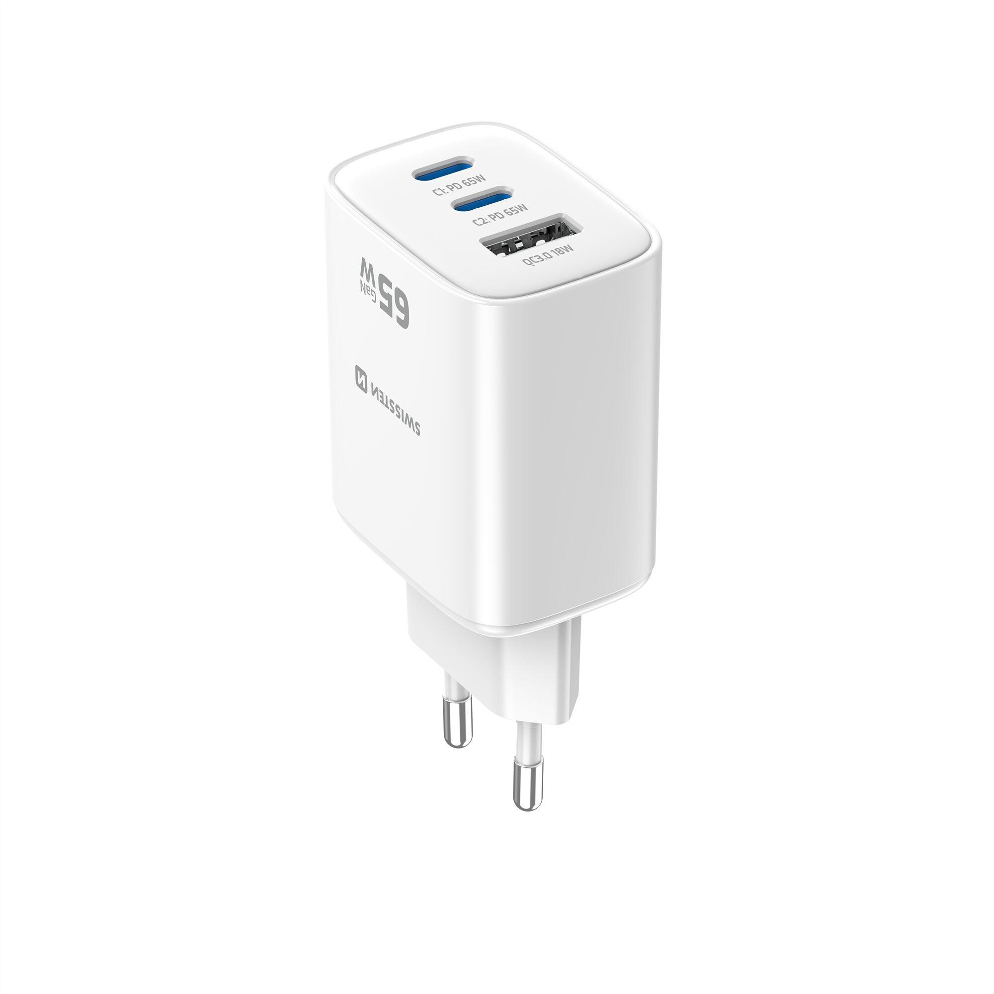 Carregador de parede SWISSTEN GaN Edge Charger 65W - 2x USB-C, 1x USB-A, branco 4/5