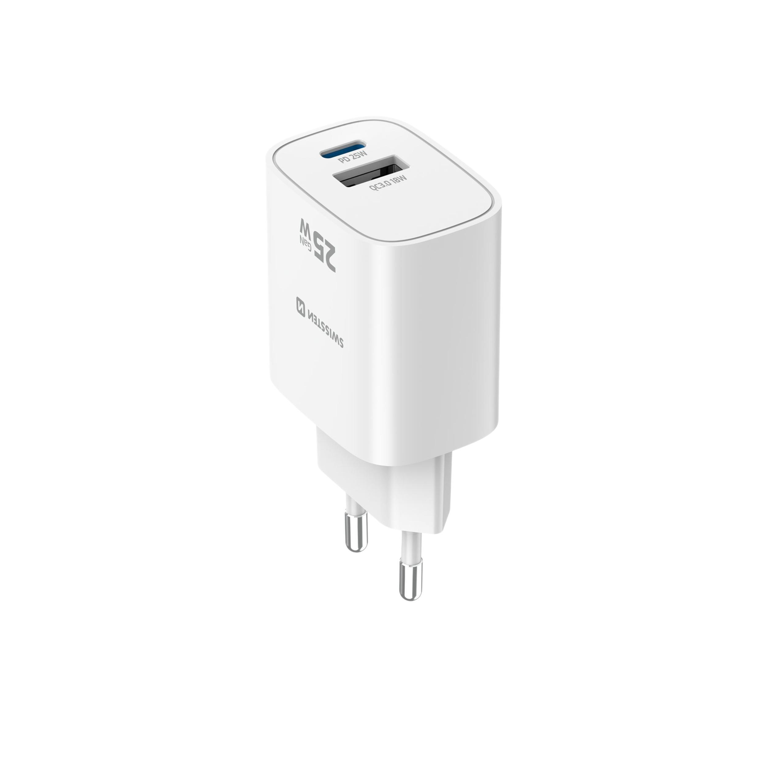 SWISSTEN GaN Edge Charger 55W - 1x USB-C PD 25W, 1x USB-A QC 18W, branco 4/7