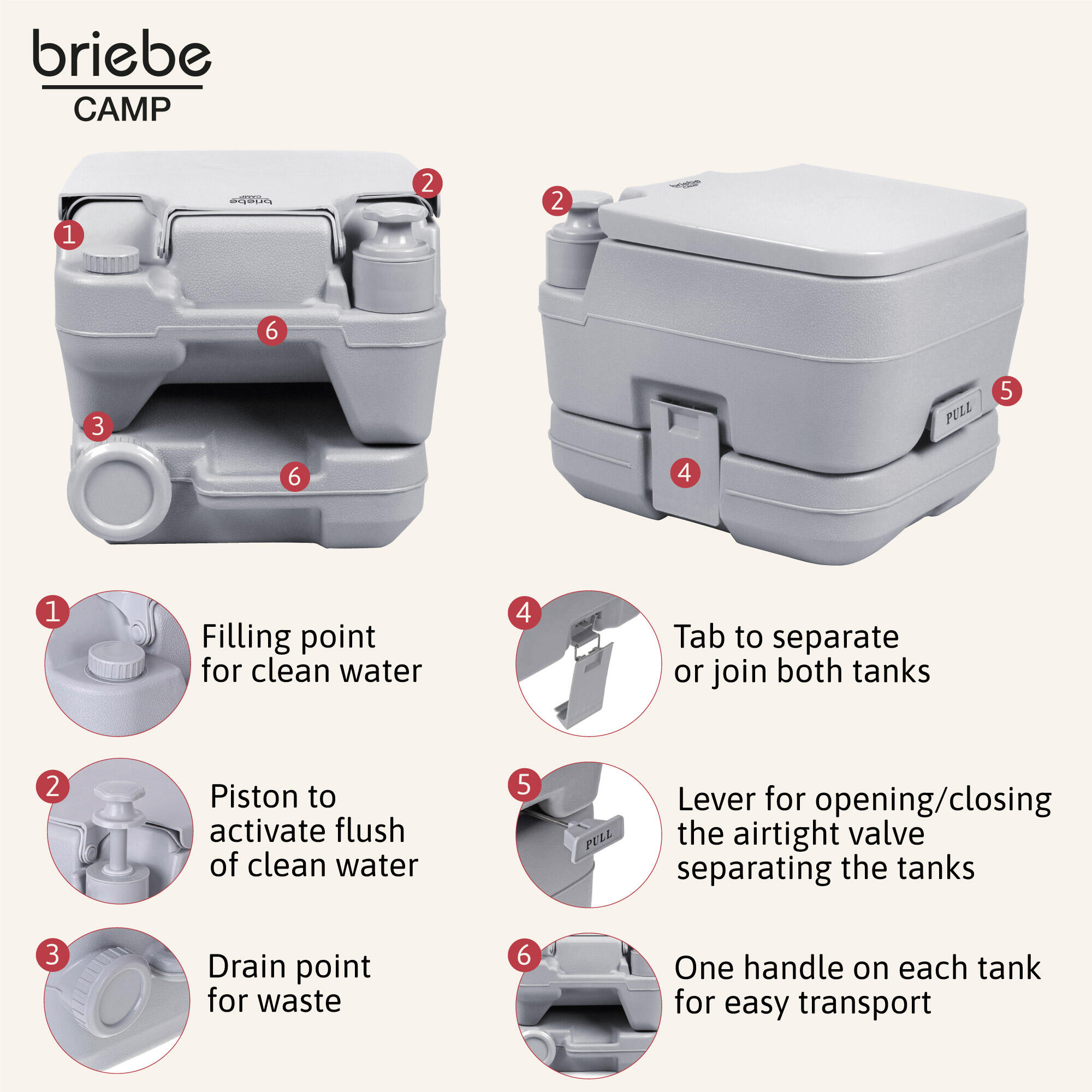 Tragbare 10L-Toilette für Wohnmobil-Camping, 12L-Wasserablauf-WC briebe Camp 4/7