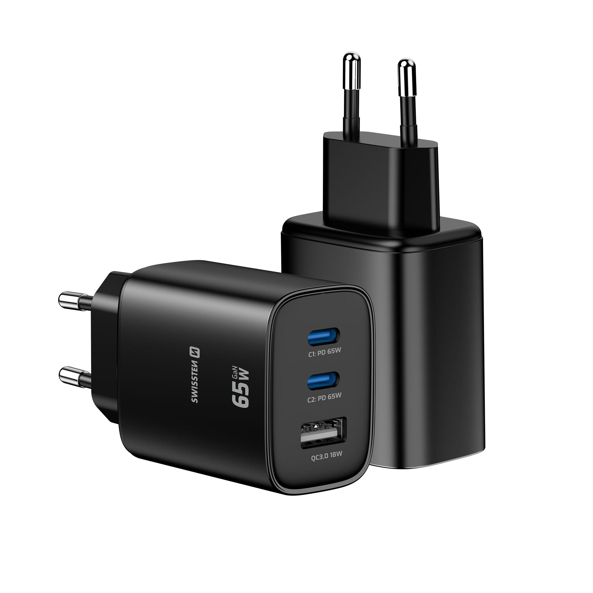 SWISSTEN GaN Edge Charger 65W - 2x USB-C PD, 1x USB-A QC, Preto 2/7