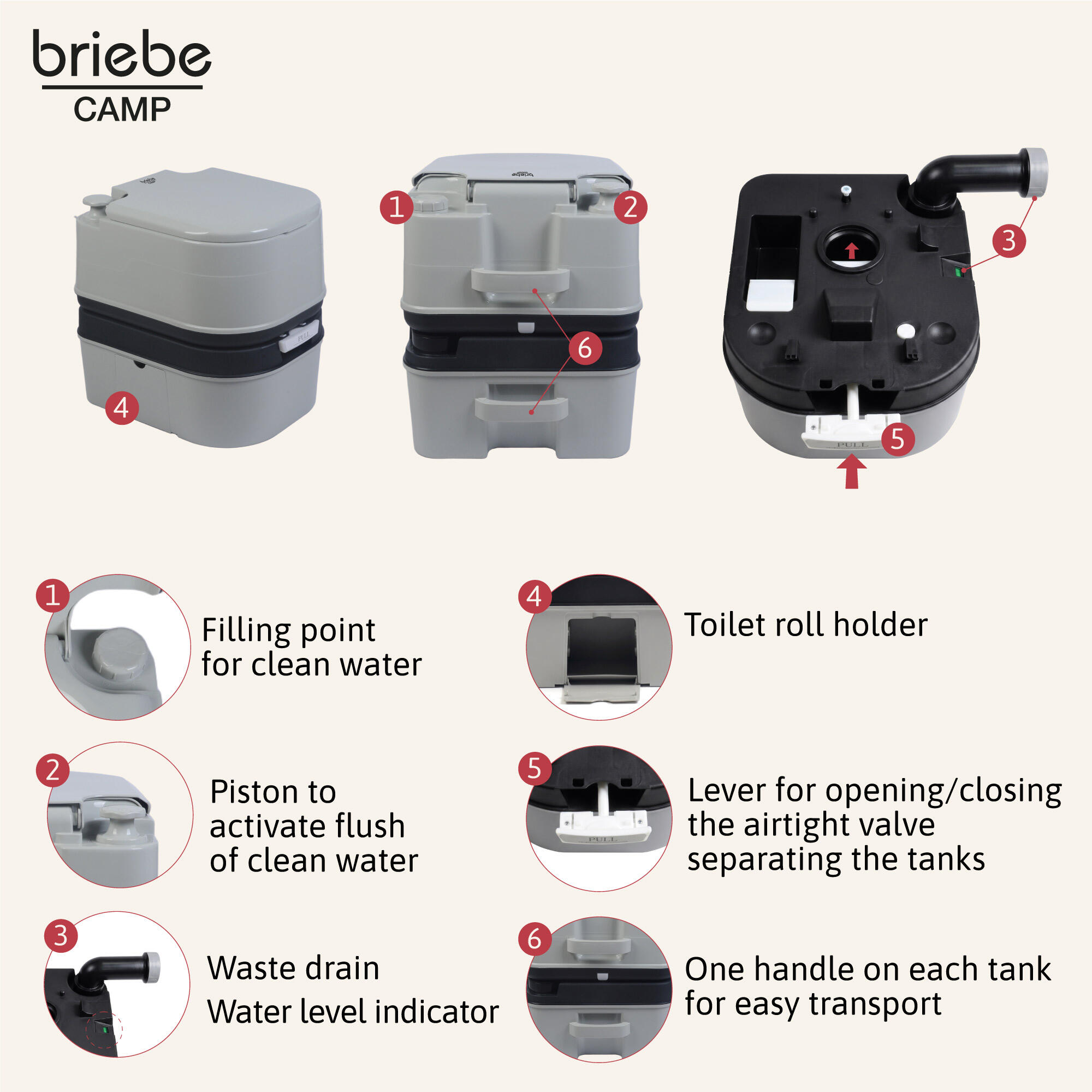 Tragbare 24L-Toilette für Wohnmobil-Camping, 20L-Wasserablauf-WC briebe Camp 4/7
