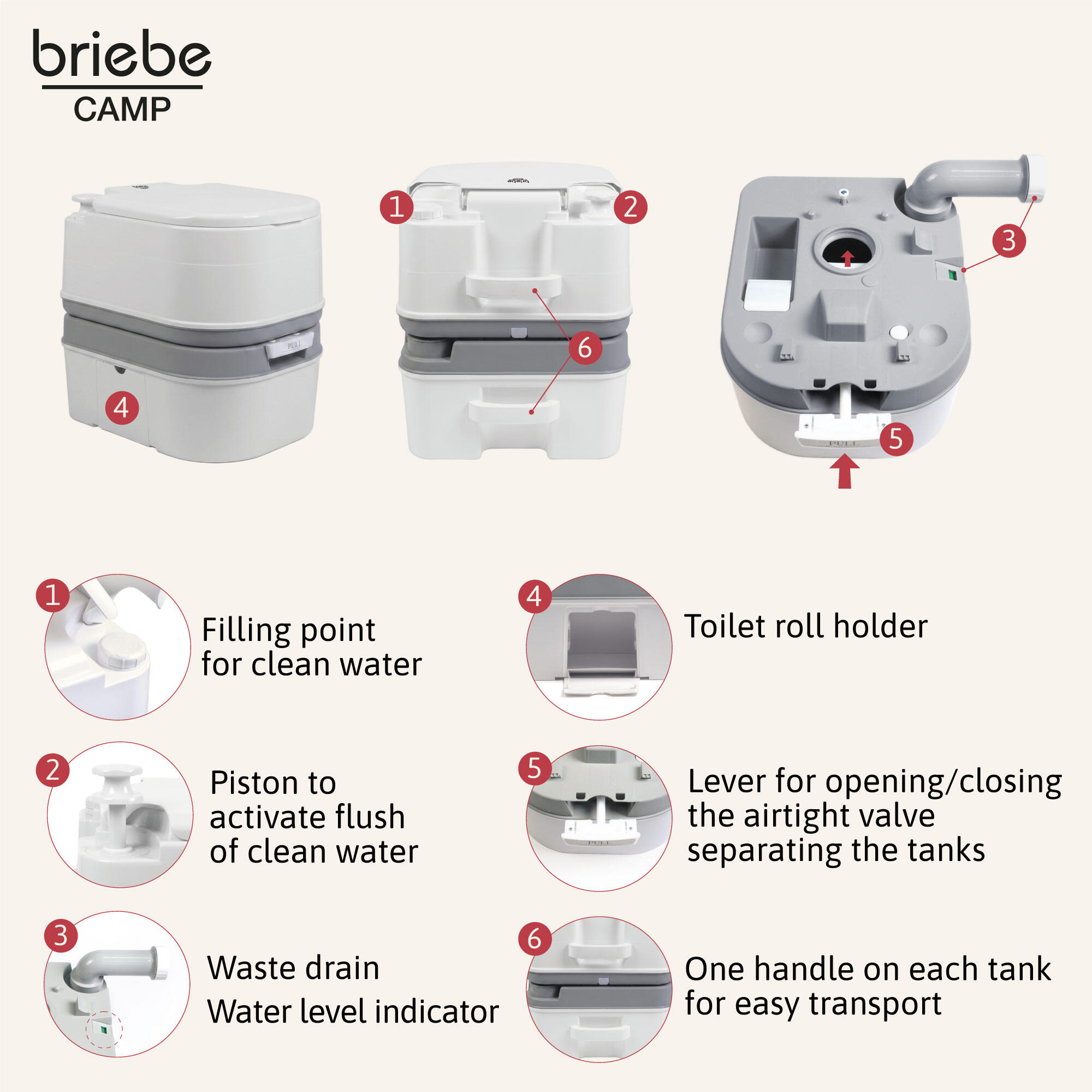 Tragbare 24L-Toilette für Wohnmobil-Camping, 20L-Wasserablauf-WC briebe Camp 4/7