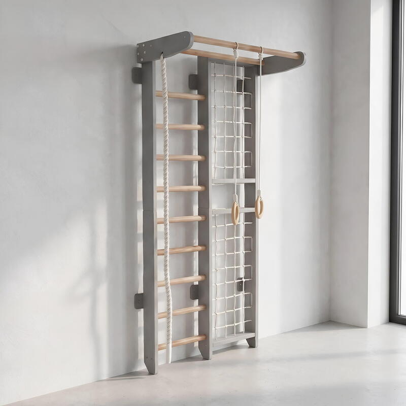 Copii Fitness Spalier Gimnastică Plasă Escaladare Kombik Gri Lemn Set