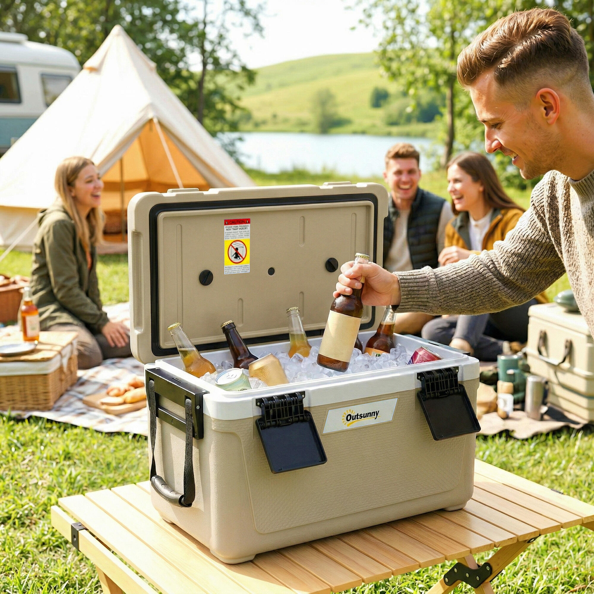 Outsunny Cooler Box con Maniglia e Coperchio, 42,6L, Cachi 2/8