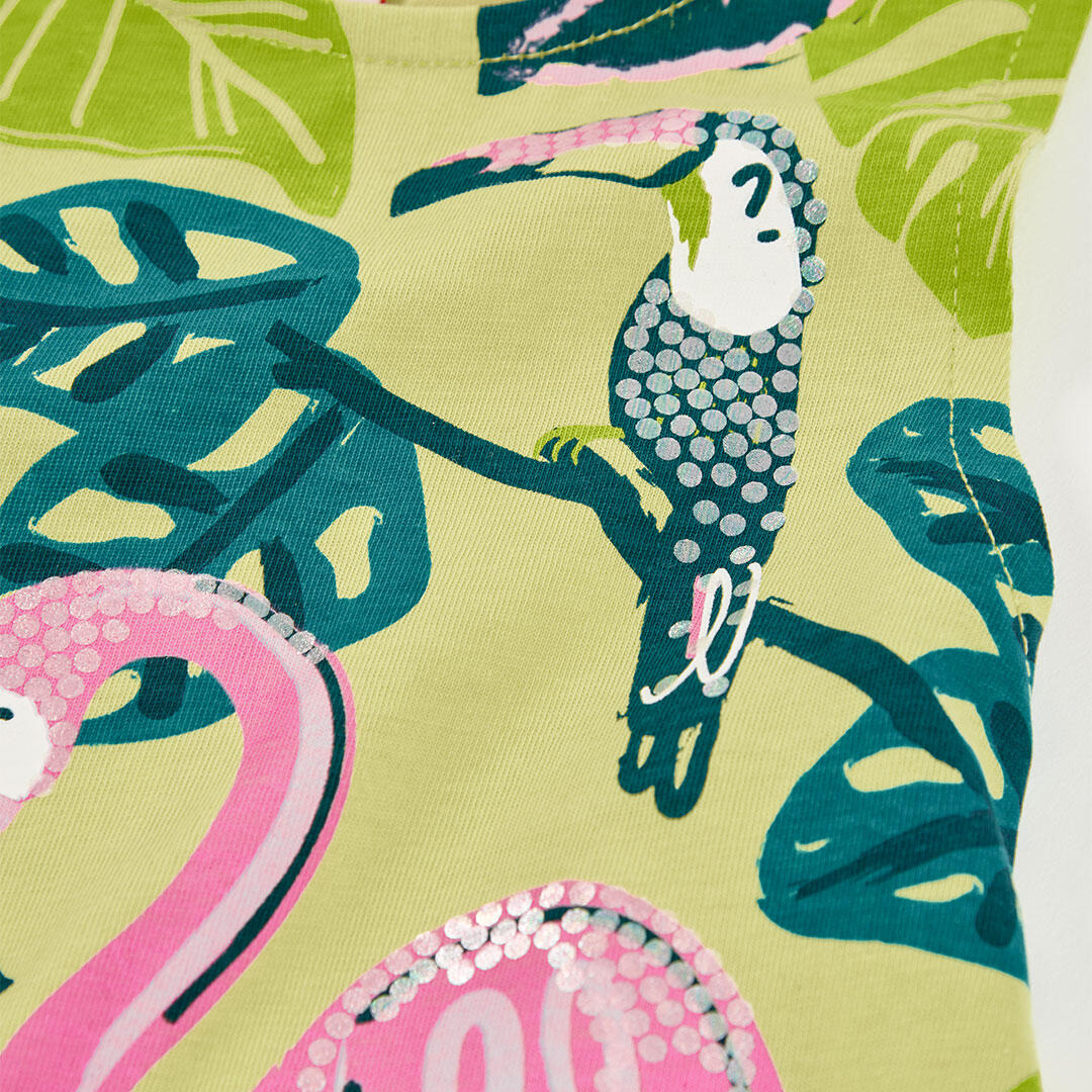 Vestido infantil de punto con estampado de hojas y aves 3/4