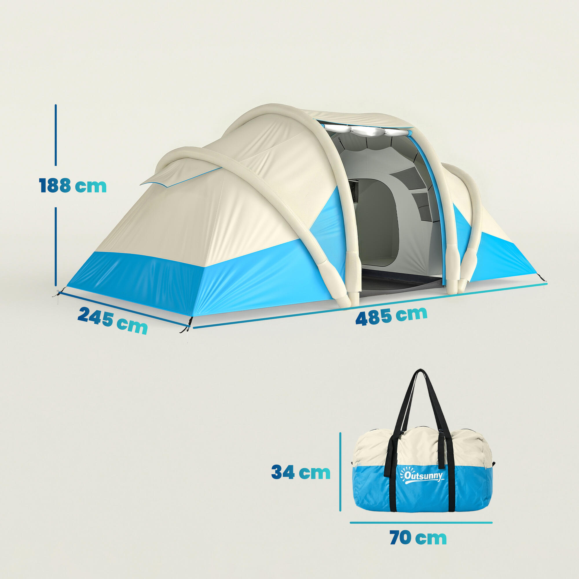 Outsunny Tenda da Campeggio Gonfiabile Impermeabile, per 4 Persone, Blu 3/7