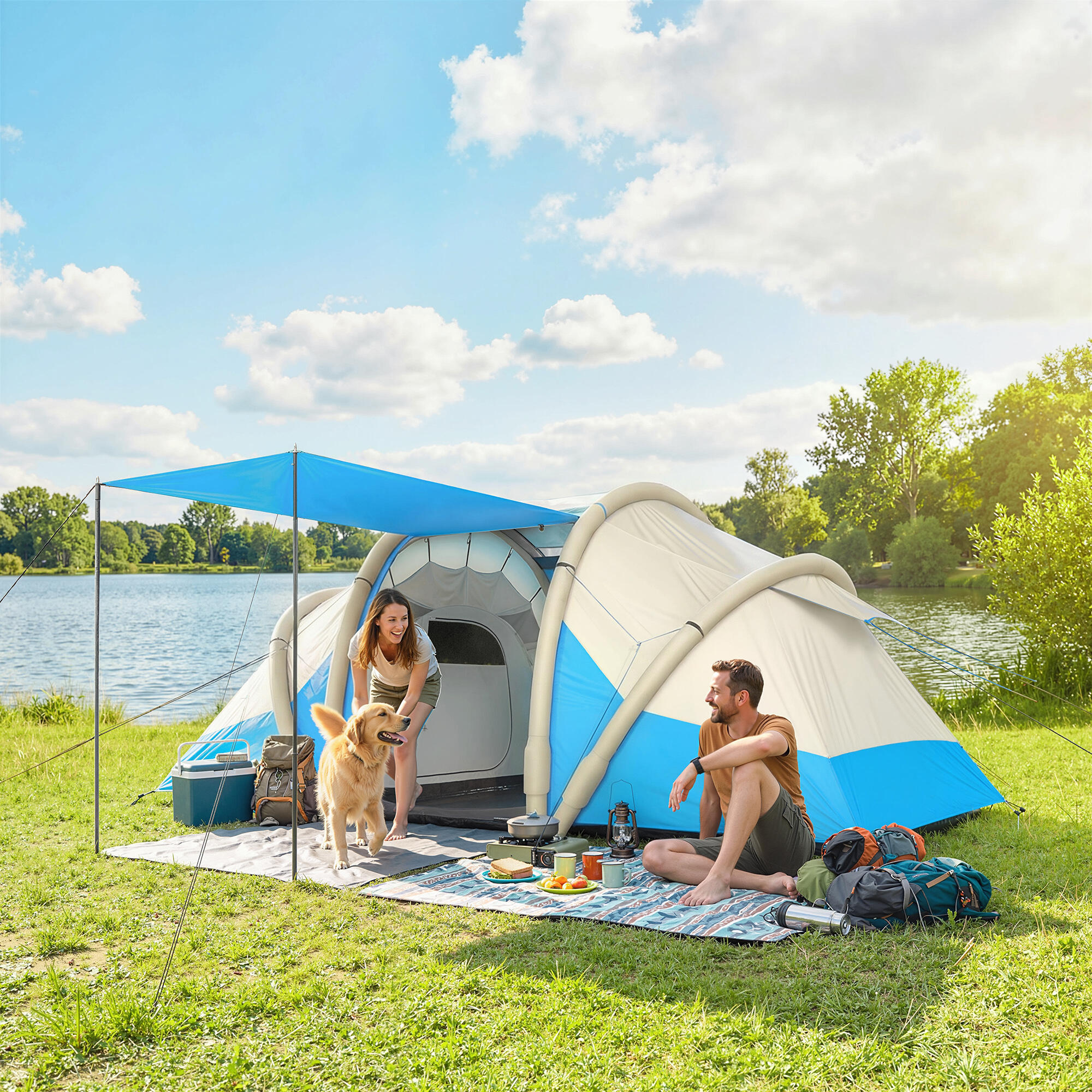 Outsunny Tenda da Campeggio Gonfiabile Impermeabile, per 4 Persone, Blu 2/7