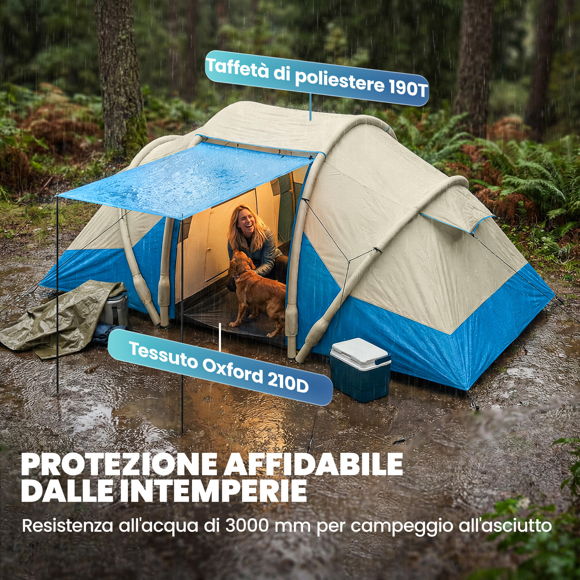 Outsunny Tenda da Campeggio Gonfiabile Impermeabile, per 4 Persone, Blu 7/7