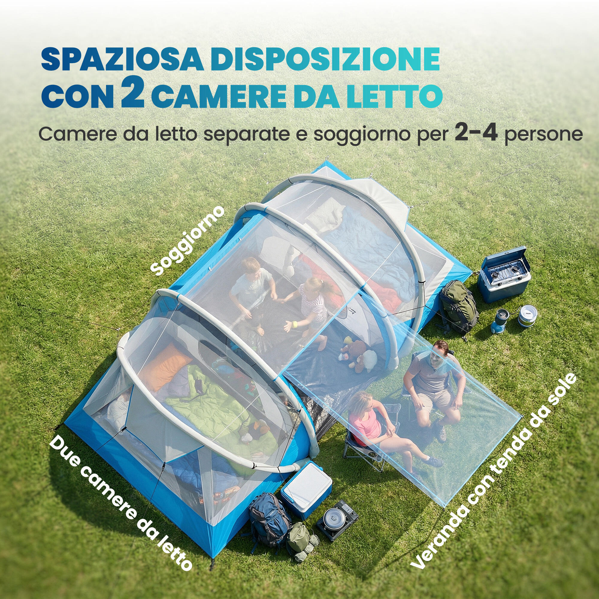 Outsunny Tenda da Campeggio Gonfiabile Impermeabile, per 4 Persone, Blu 5/7