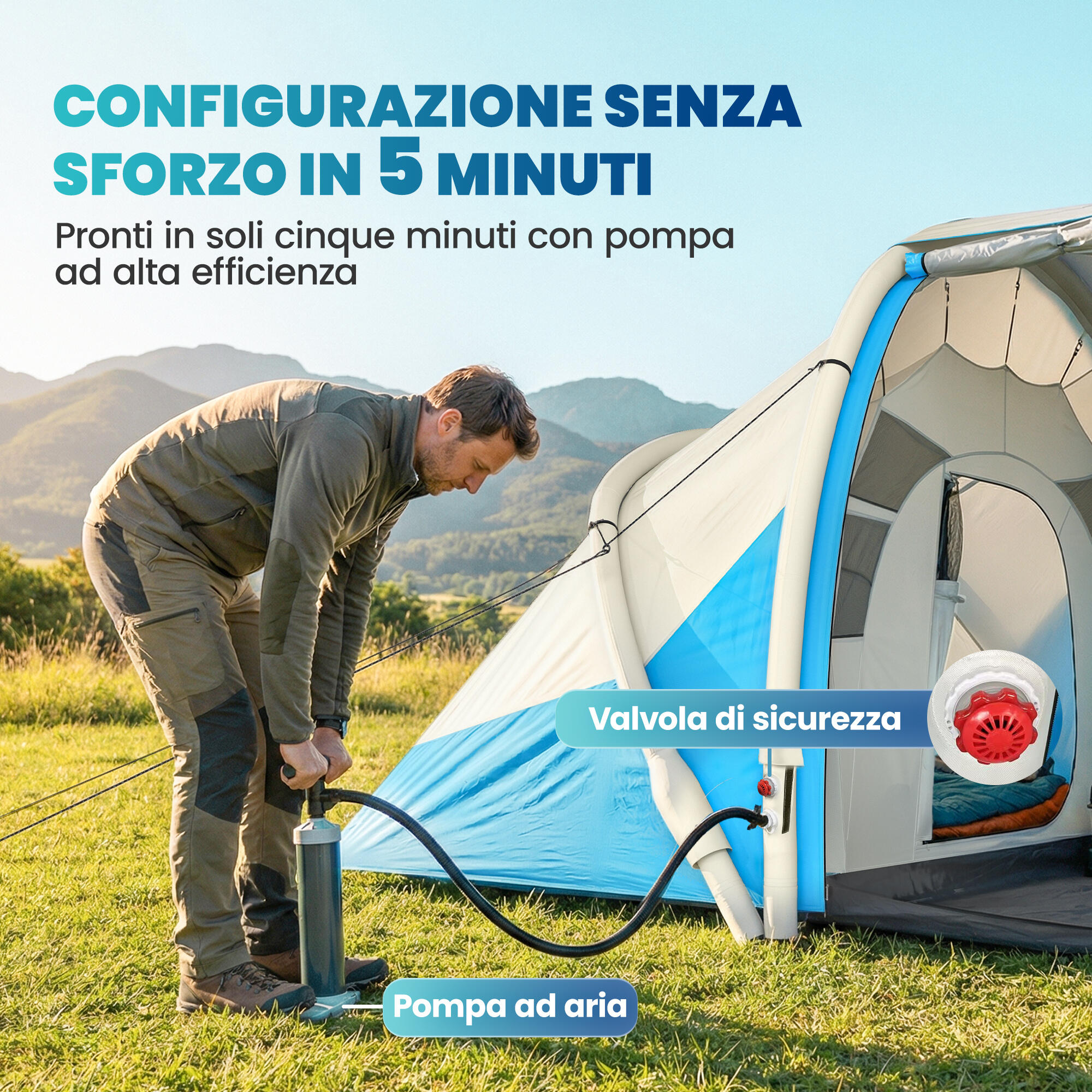 Outsunny Tenda da Campeggio Gonfiabile Impermeabile, per 4 Persone, Blu 4/7