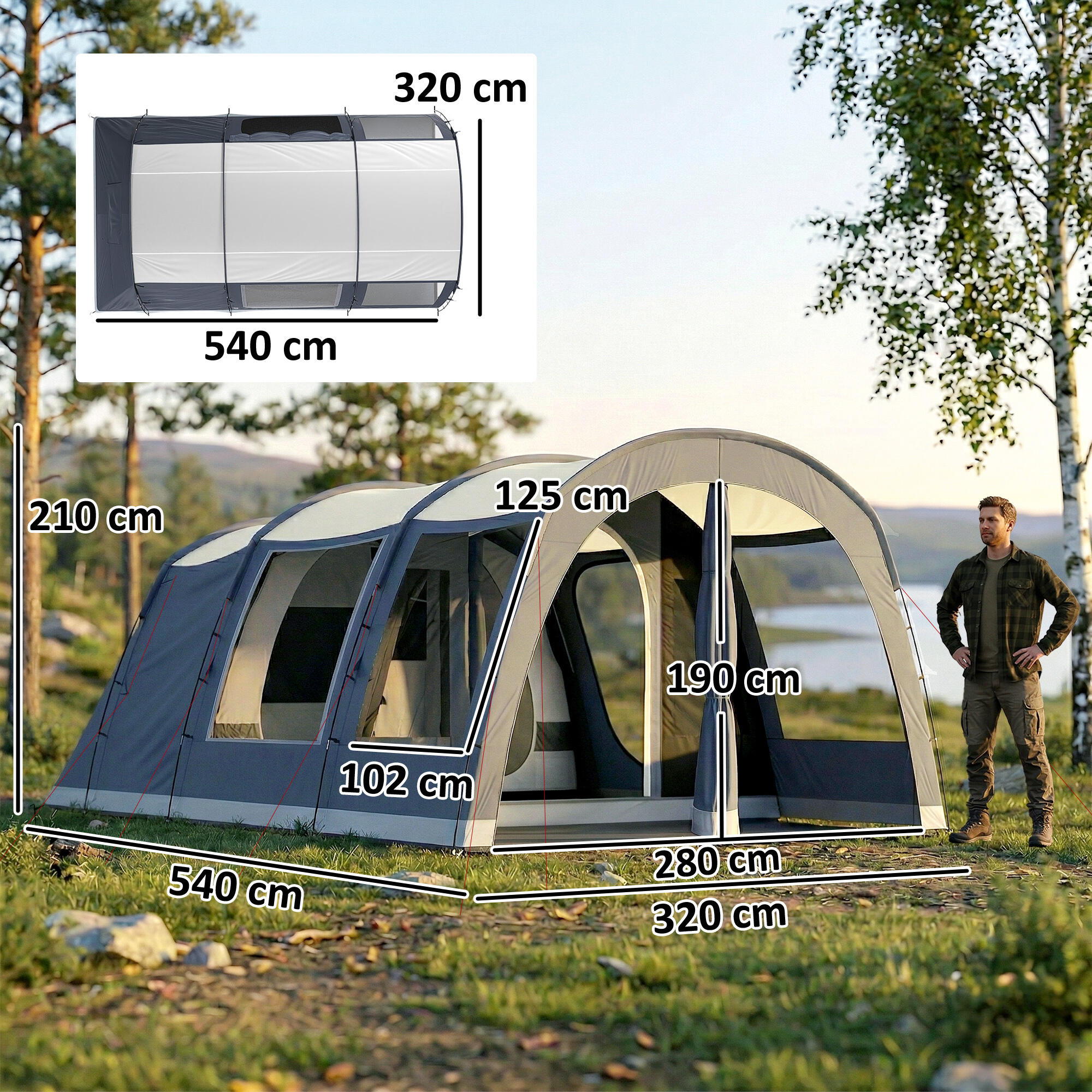 Outsunny Tenda Tunnel Impermeabile 3000mm per 2-4 Persone, Blu Navy 3/7