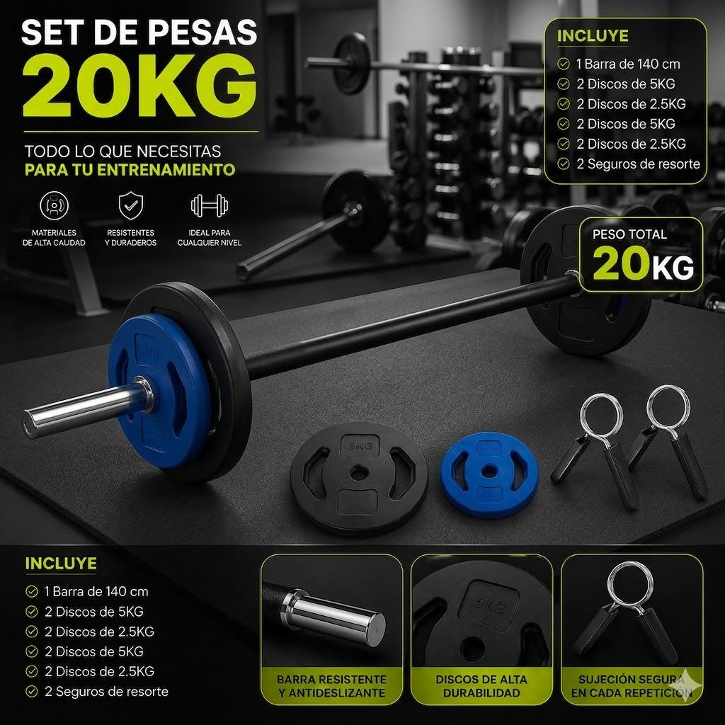 Set Pump Completo 20 kg 30 mm Discos Goma Redondos Fitness 3/3