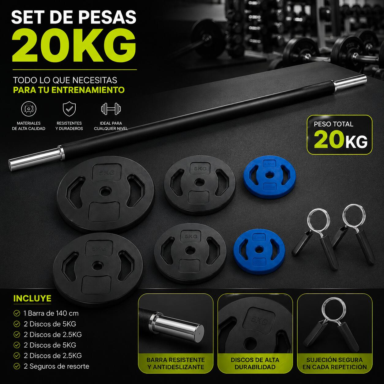 Set Pump Completo 20 kg 30 mm Discos Goma Redondos Fitness 2/3