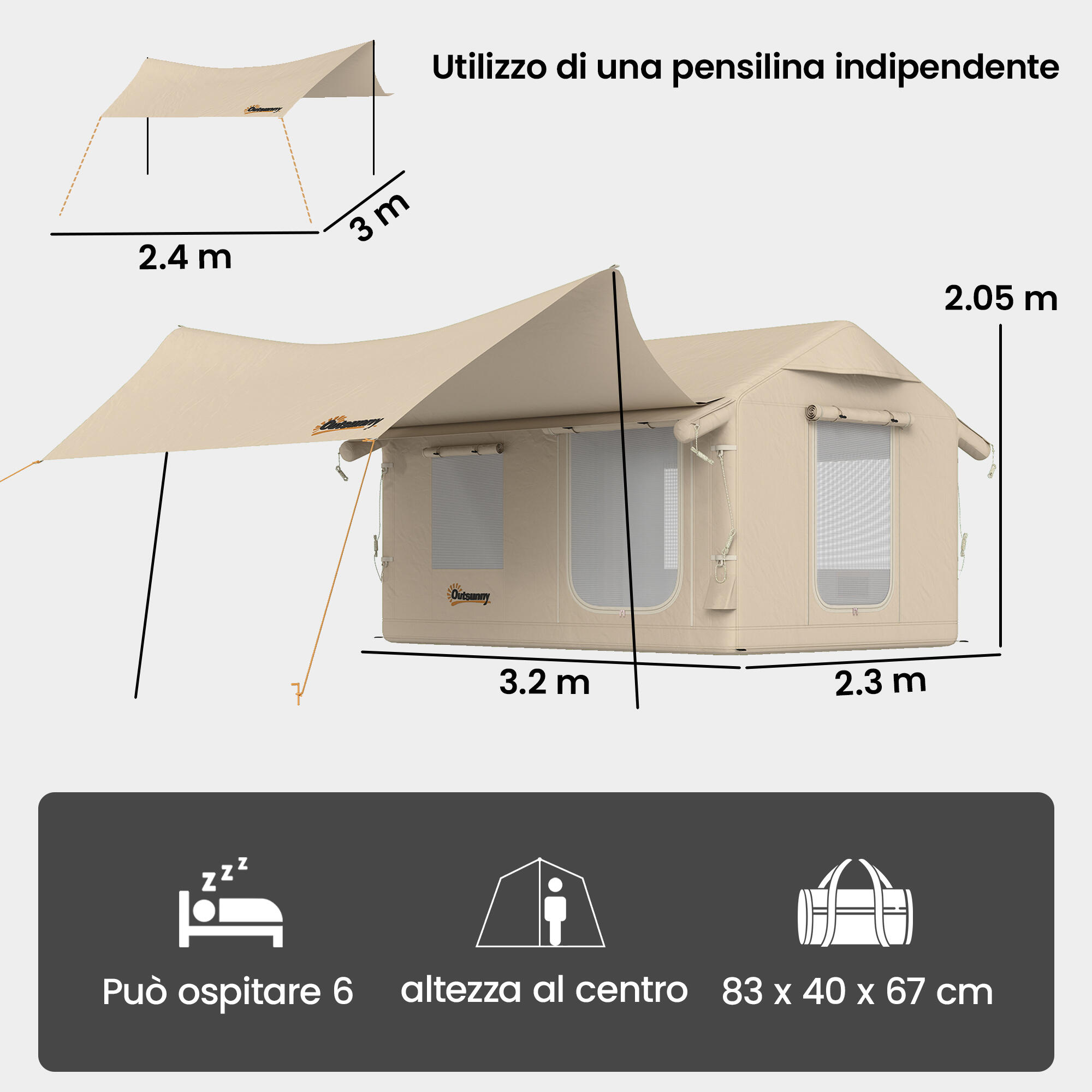 Outsunny Tenda da Campeggio Gonfiabile, 4 Stagioni, per 8 Persone, Cachi 3/7