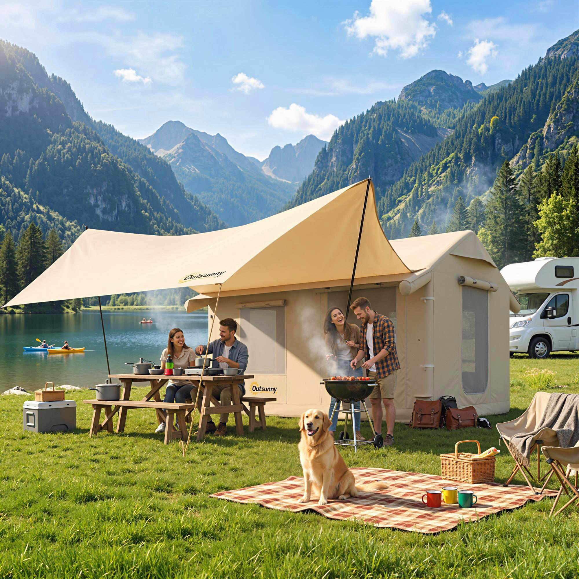 Outsunny Tenda da Campeggio Gonfiabile, 4 Stagioni, per 8 Persone, Cachi 2/7