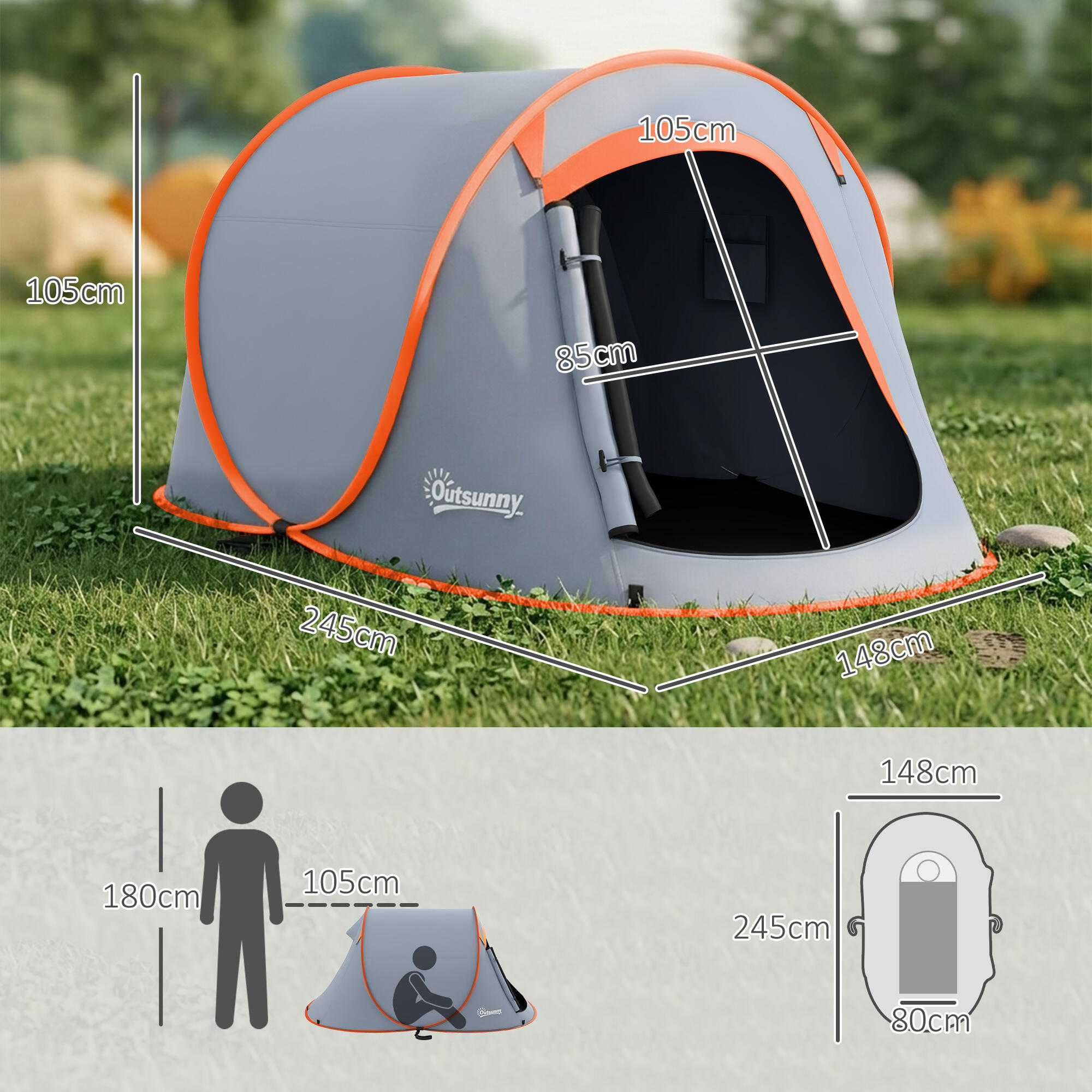Outsunny Tenda da Campeggio Pop Up Singola Impermeabile, Grigio 3/7