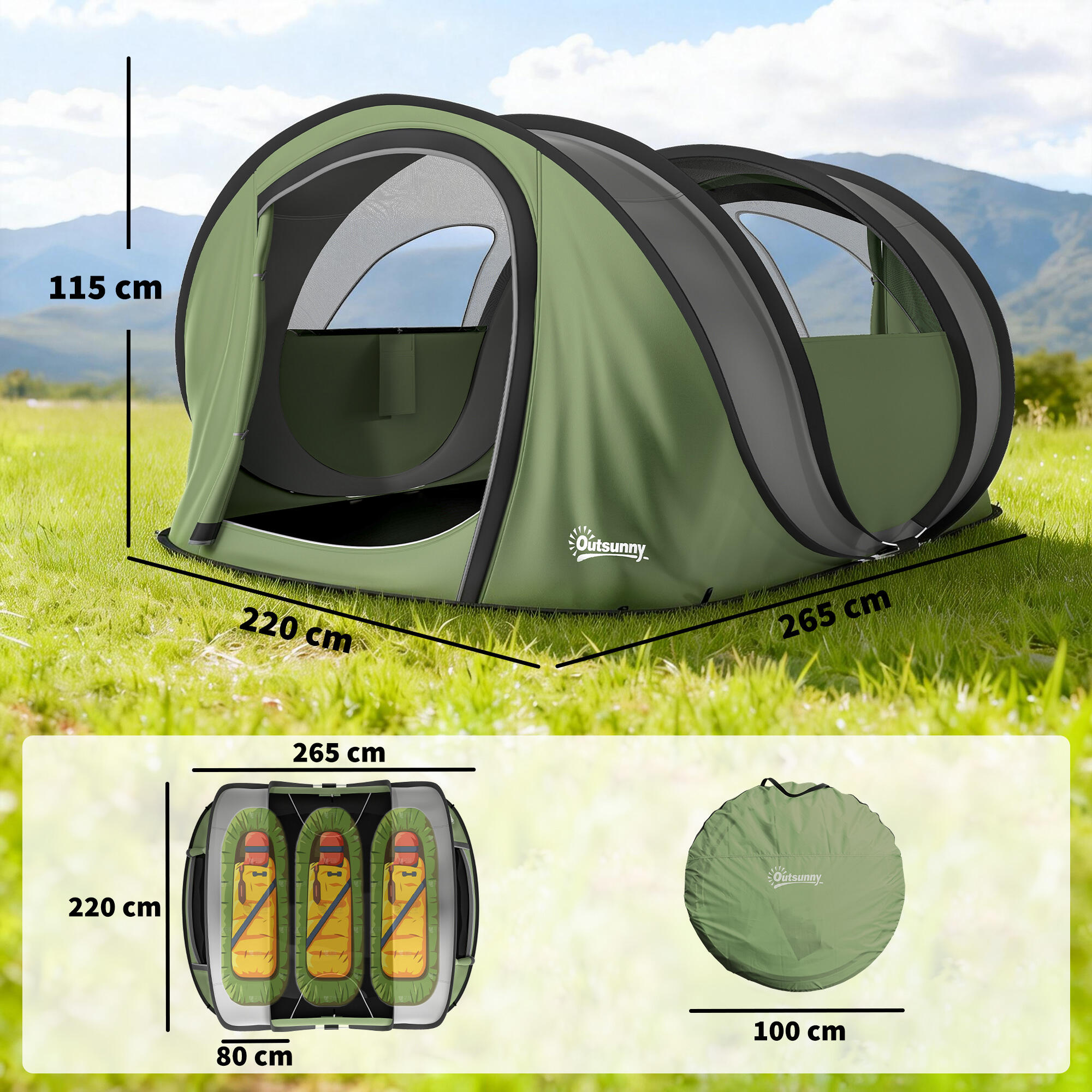 Outsunny Tenda da Campeggio Pop-Up Impermeabile per 2-3 Persone, Verde 3/7