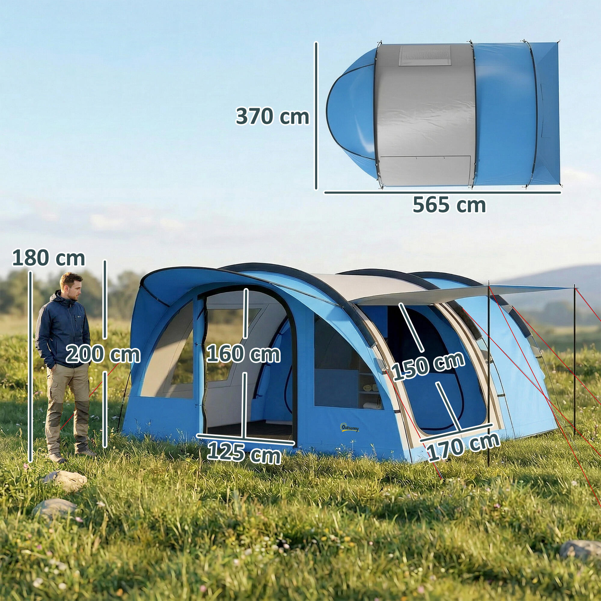 Outsunny Tenda Tunnel da Campeggio Impermeabile per 4 Persone, Azzurro 3/8