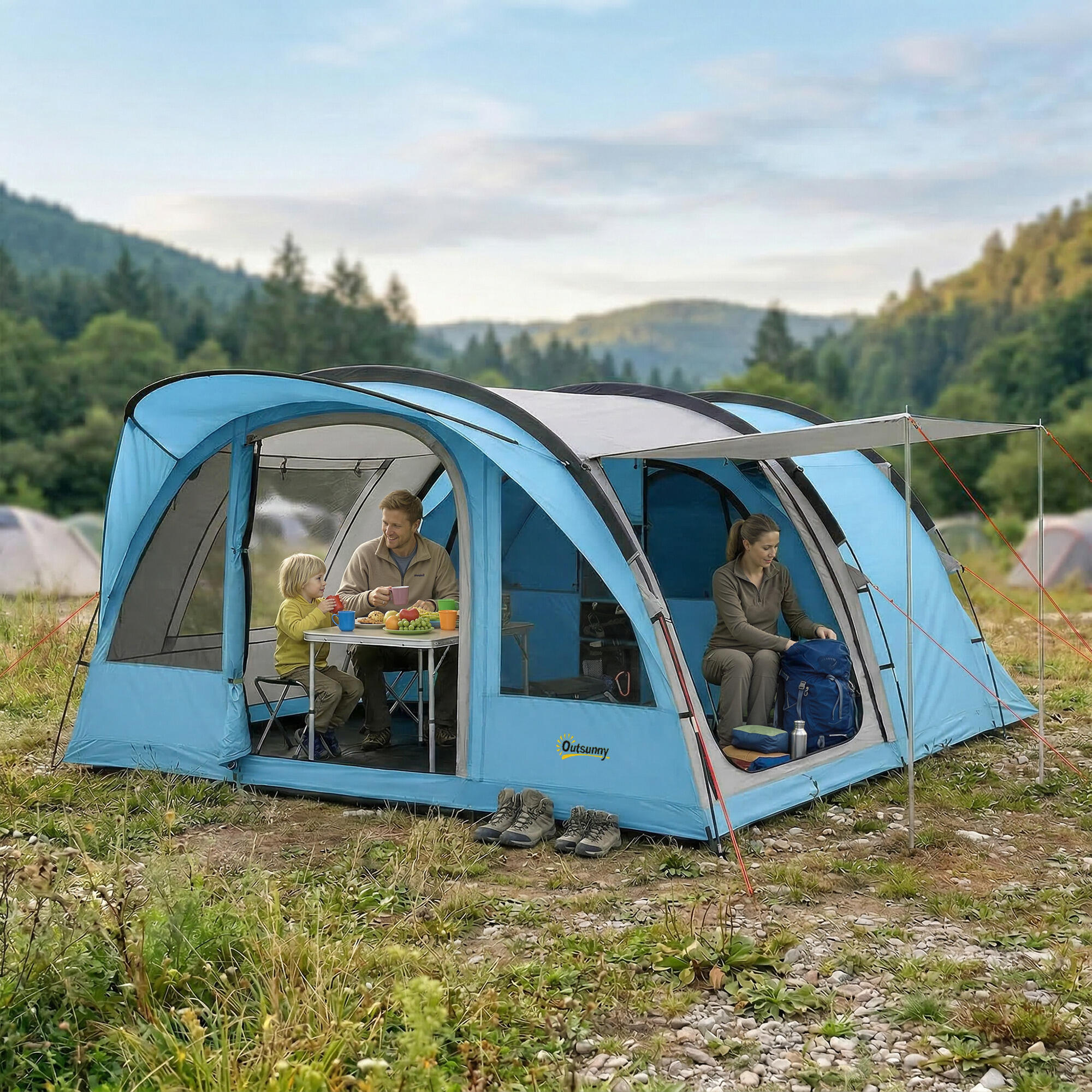 Outsunny Tenda Tunnel da Campeggio Impermeabile per 4 Persone, Azzurro 2/8