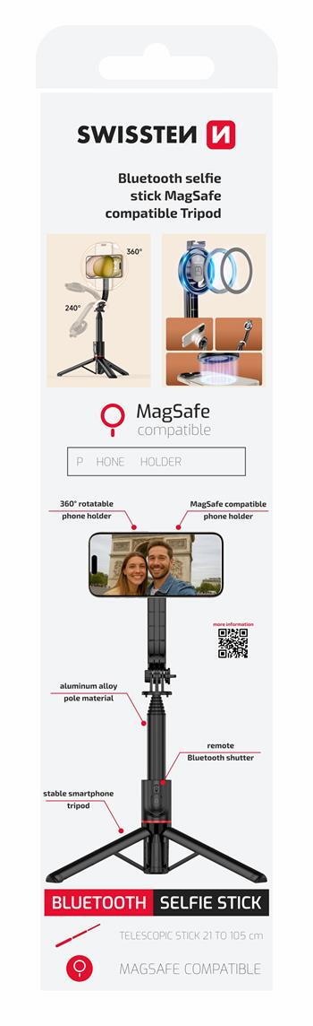 Selfie Stick Tripé SWISSTEN com MagSafe e Comando Bluetooth 5/5