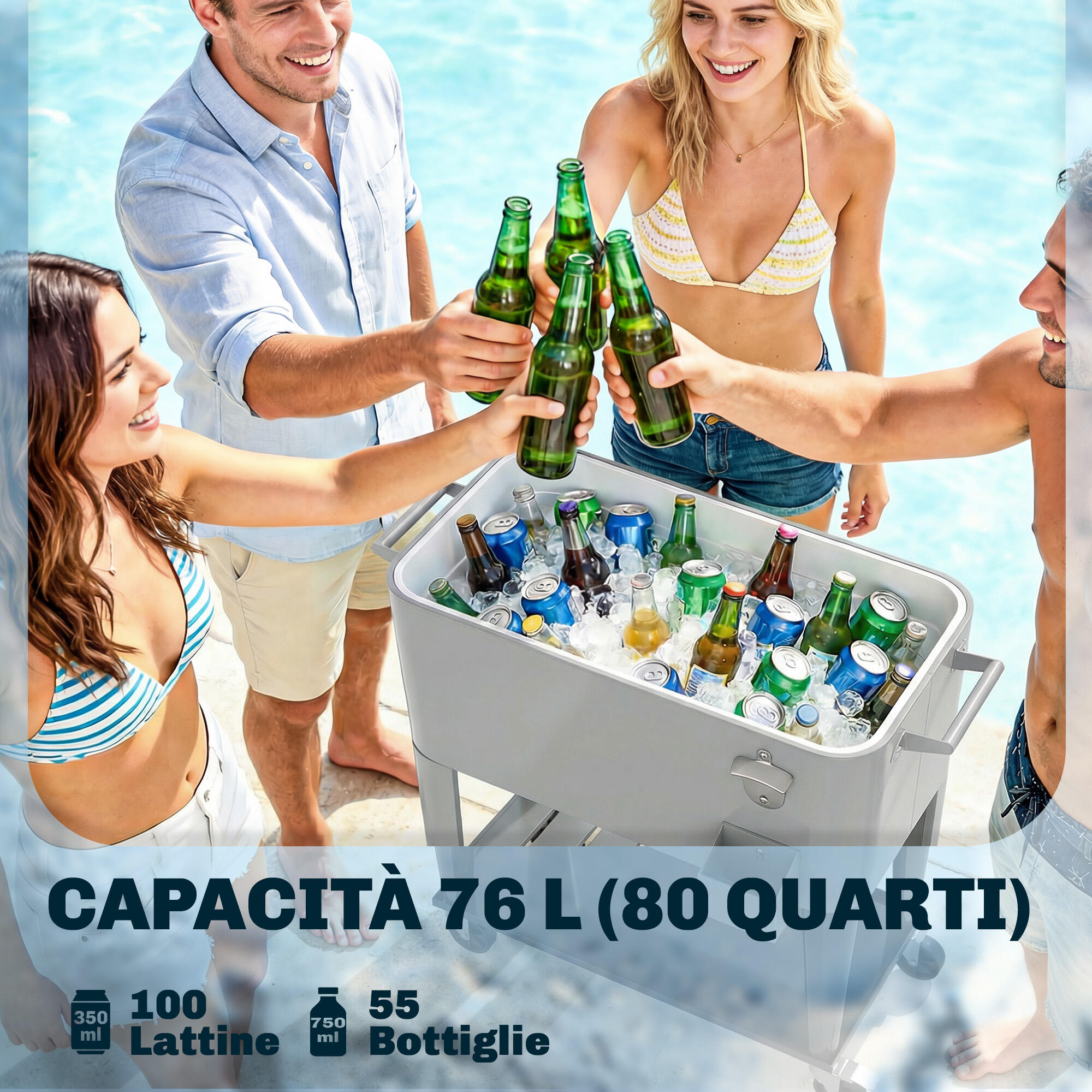 Outsunny Frigo Portatile con Ruote, Apribottiglie e Ripiano, 76L, Argento 4/7