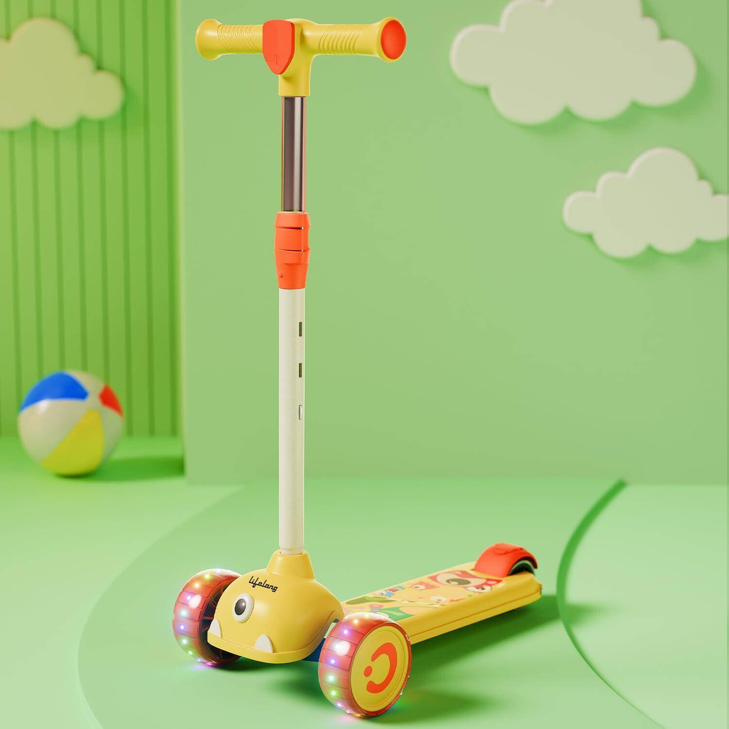 Lifelong Kids Scooter for Boys &amp; Girls| LED PU Wheels | 4-Level Adjustable Height | BIS Certified | 50Kg Capacity | Tilt-to-Turn Steering, Heavy, PPCP Body, Aluminum Handle, Yellow &amp; Orange -  1