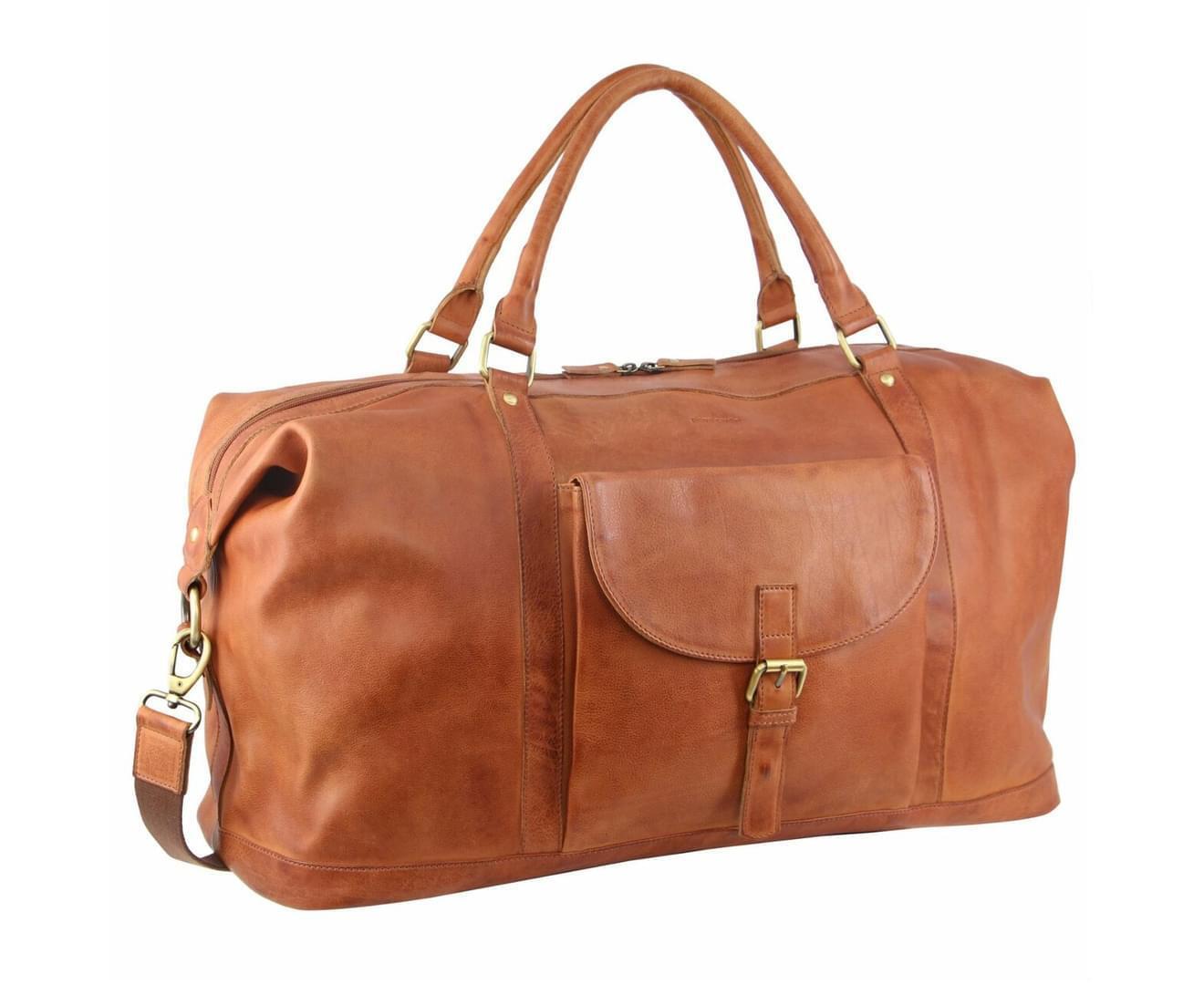 Pierre Cardin Mens Leather Business Overnight Luggage Duffle - Cognac