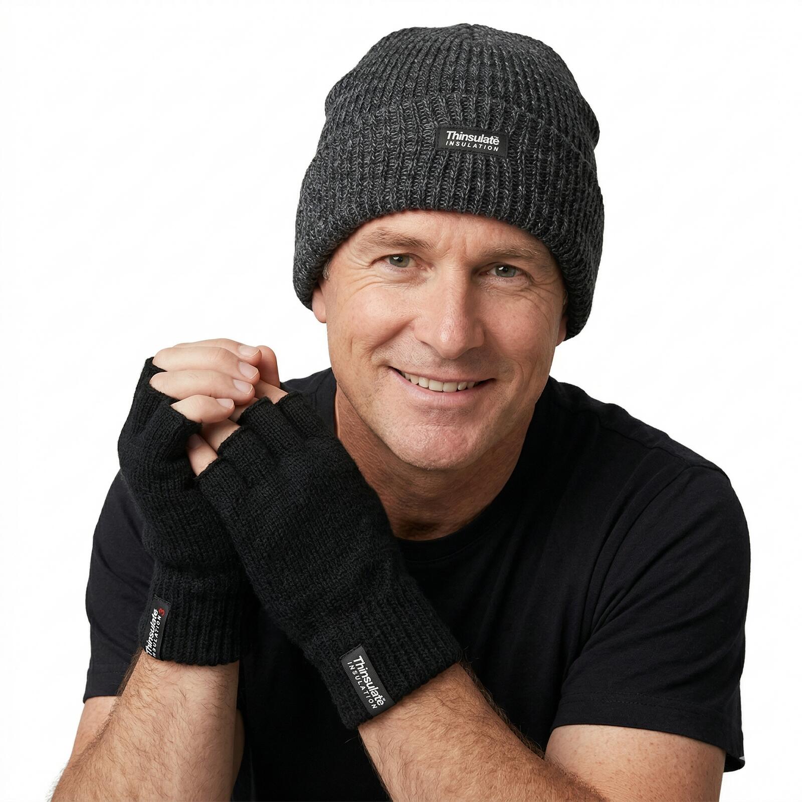 2pcs Winter Set Mens 3M Thinsulate Beanie Hat + Knitted Fingerless Gloves Snow