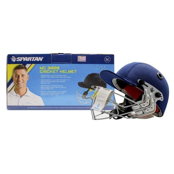 Navy cricket batting helmet with a steel grille