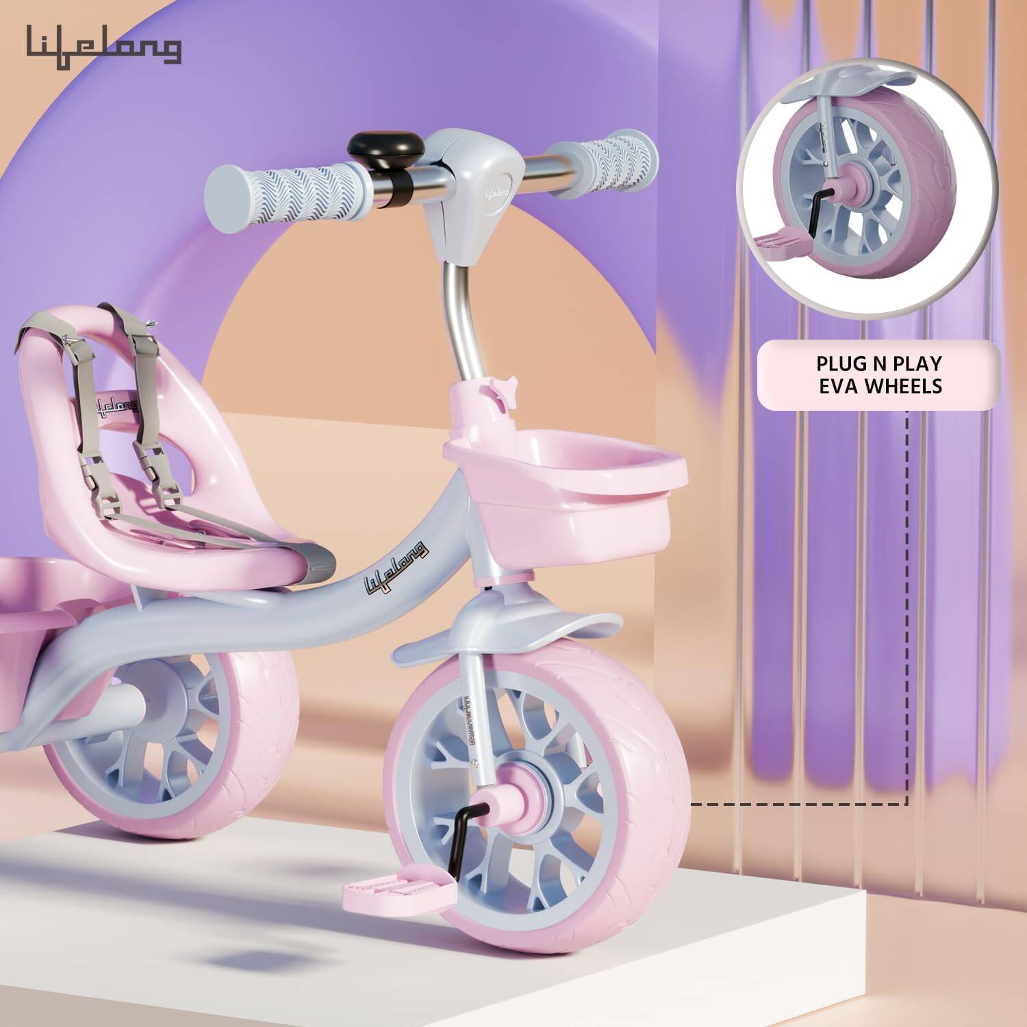 Lifelong Trike Cycle for Kids Cycle 2-5 Years | Tricycles for Boy&Girl | Baby Cycle | Bicycle for Kids | Bike for Kids with 3 Eva Wheels, Bell & Basket for Toys - 30Kg Capacity (Pink & Lavendar) -  3