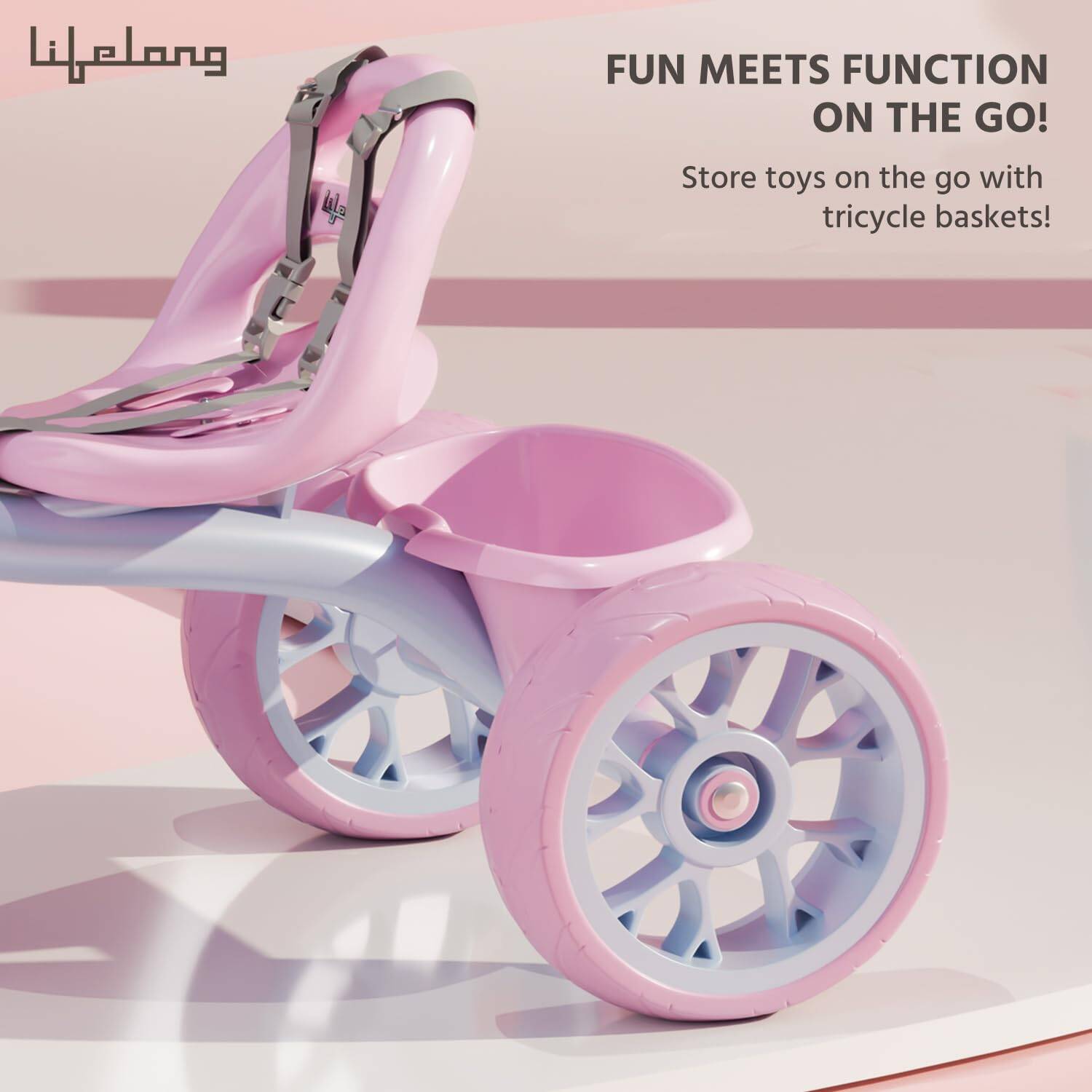 Lifelong Trike Cycle for Kids Cycle 2-5 Years | Tricycles for Boy&Girl | Baby Cycle | Bicycle for Kids | Bike for Kids with 3 Eva Wheels, Bell & Basket for Toys - 30Kg Capacity (Pink & Lavendar) -  4