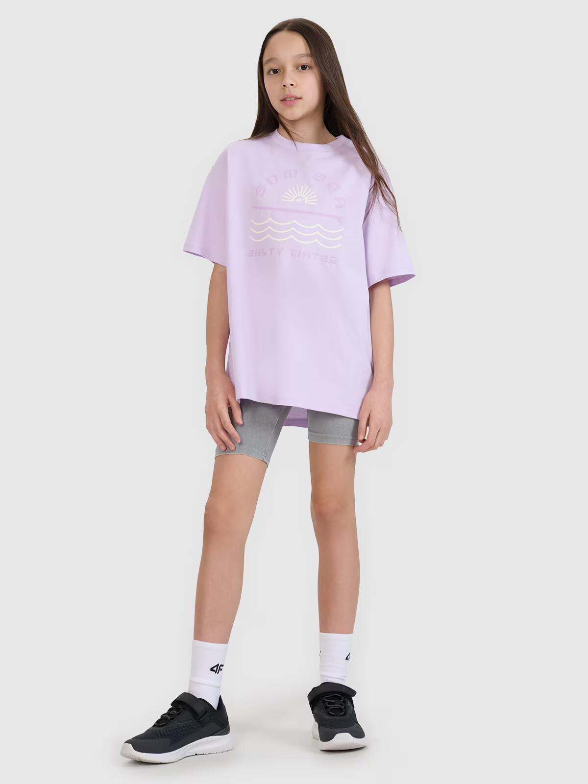 T-shirt oversize z nadrukiem dziewczęcy 4F 4FJWSS25TTSHF1870 4/5