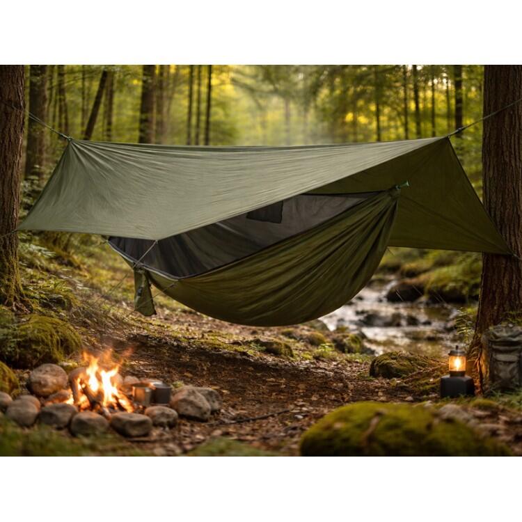 Tropical Hamac - Army green parachute hammock with mosquito net + Tarp