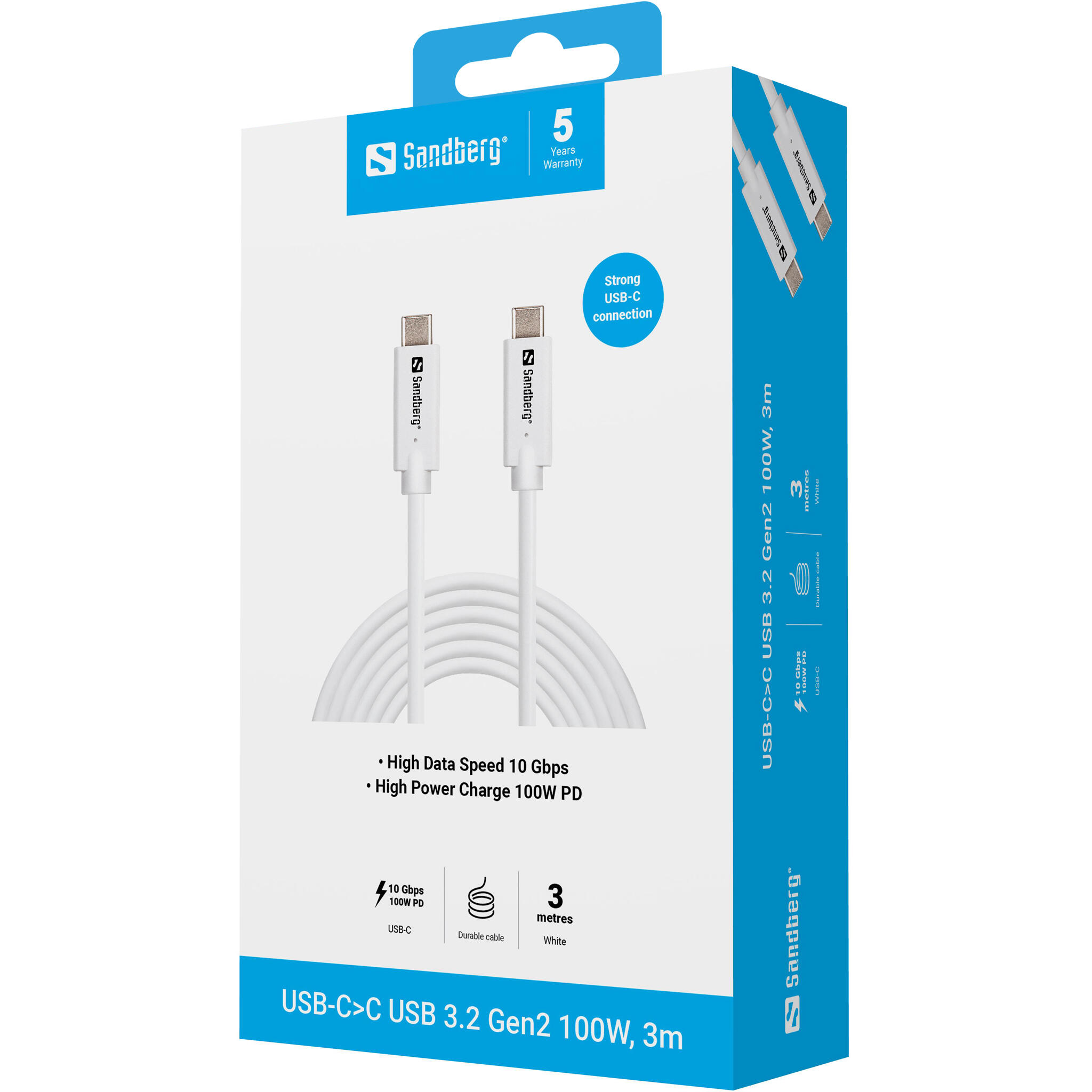 Cabo SANDBERG USB-C - USB-C 3.2 Gen2 100W 3m 3/3