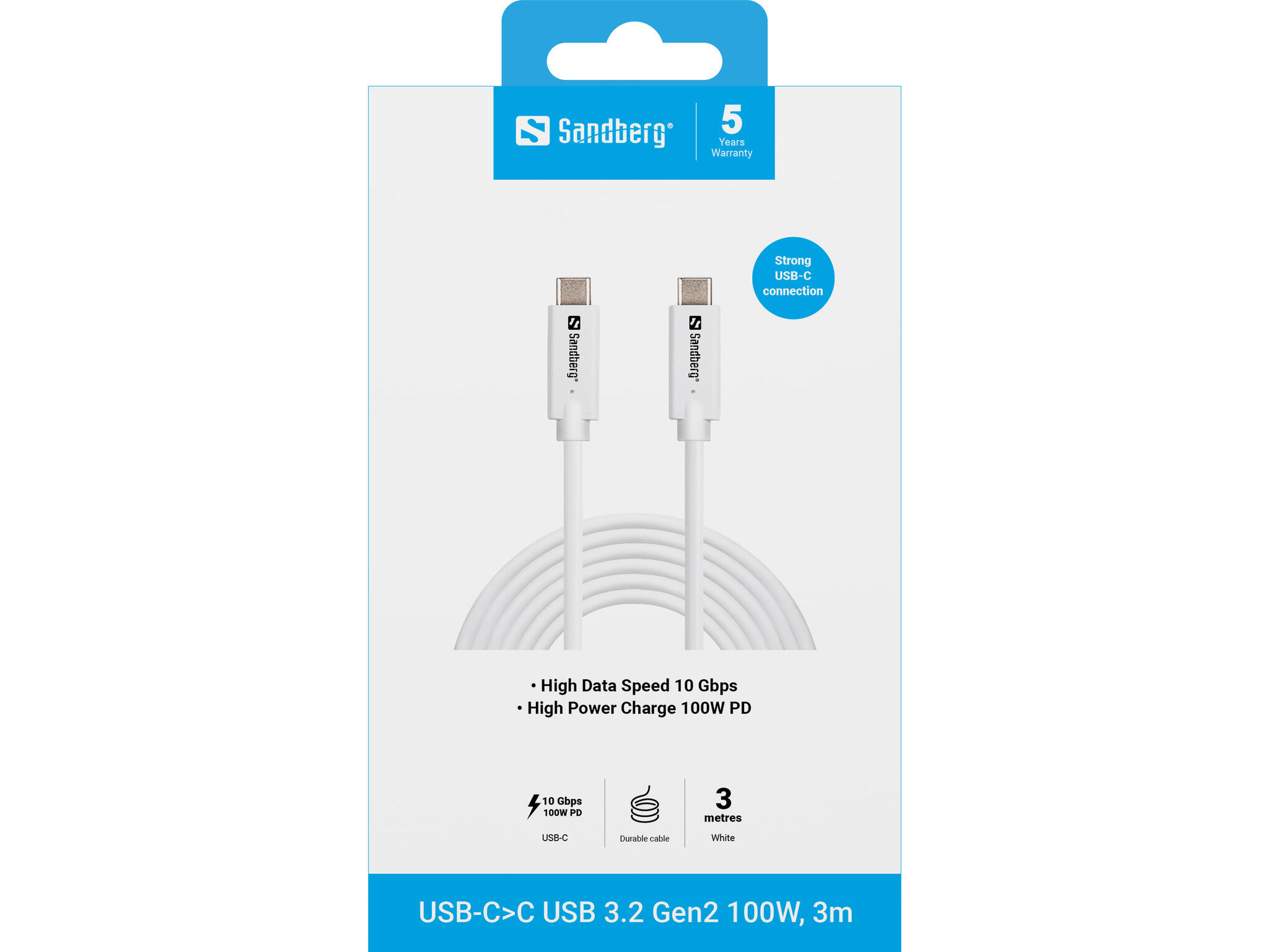Cabo SANDBERG USB-C - USB-C 3.2 Gen2 100W 3m 2/3