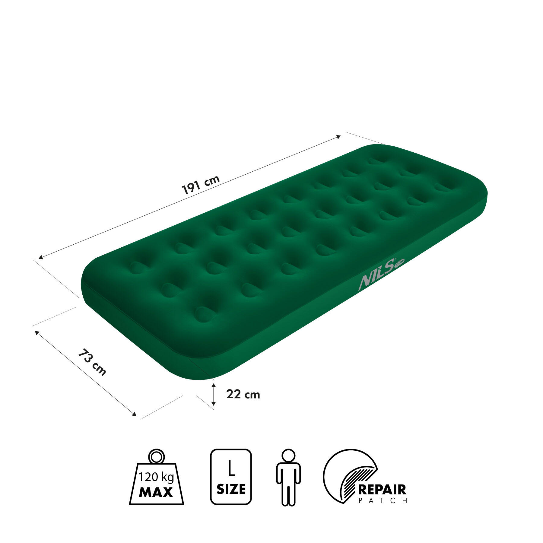 MATELAS TOURISTIQUE GONFLABLE 191X73X22 CM VERT NILS CAMP NC2801 3/7