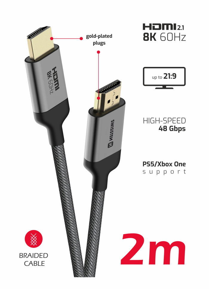 SWISSTEN Cabo HDMI 2.1 8K 2m, HDMI M/M 2/3