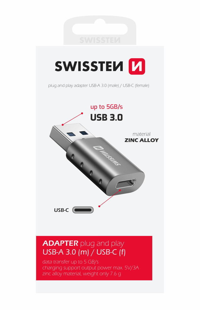 Adaptador SWISSTEN USB-A macho para USB-C fêmea 3/4