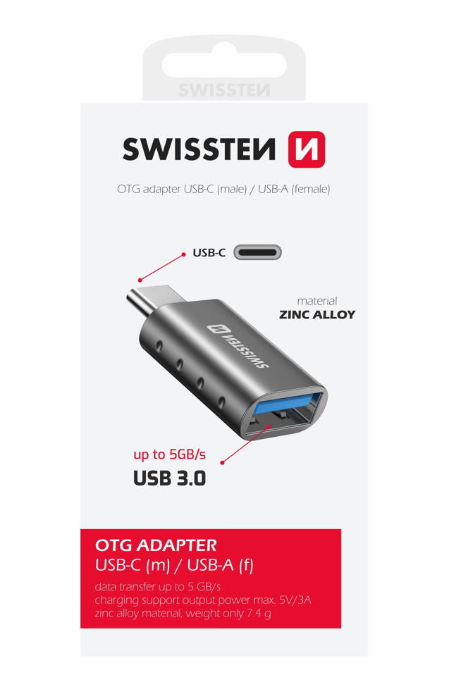 Adaptador SWISSTEN USB-C macho para USB-A fêmea 3/4