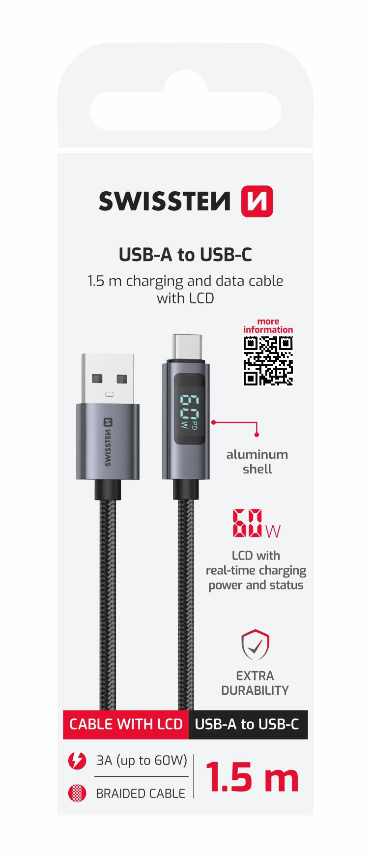 Cabo SWISSTEN LCD USB-C para USB-A 1,5 m 2/3